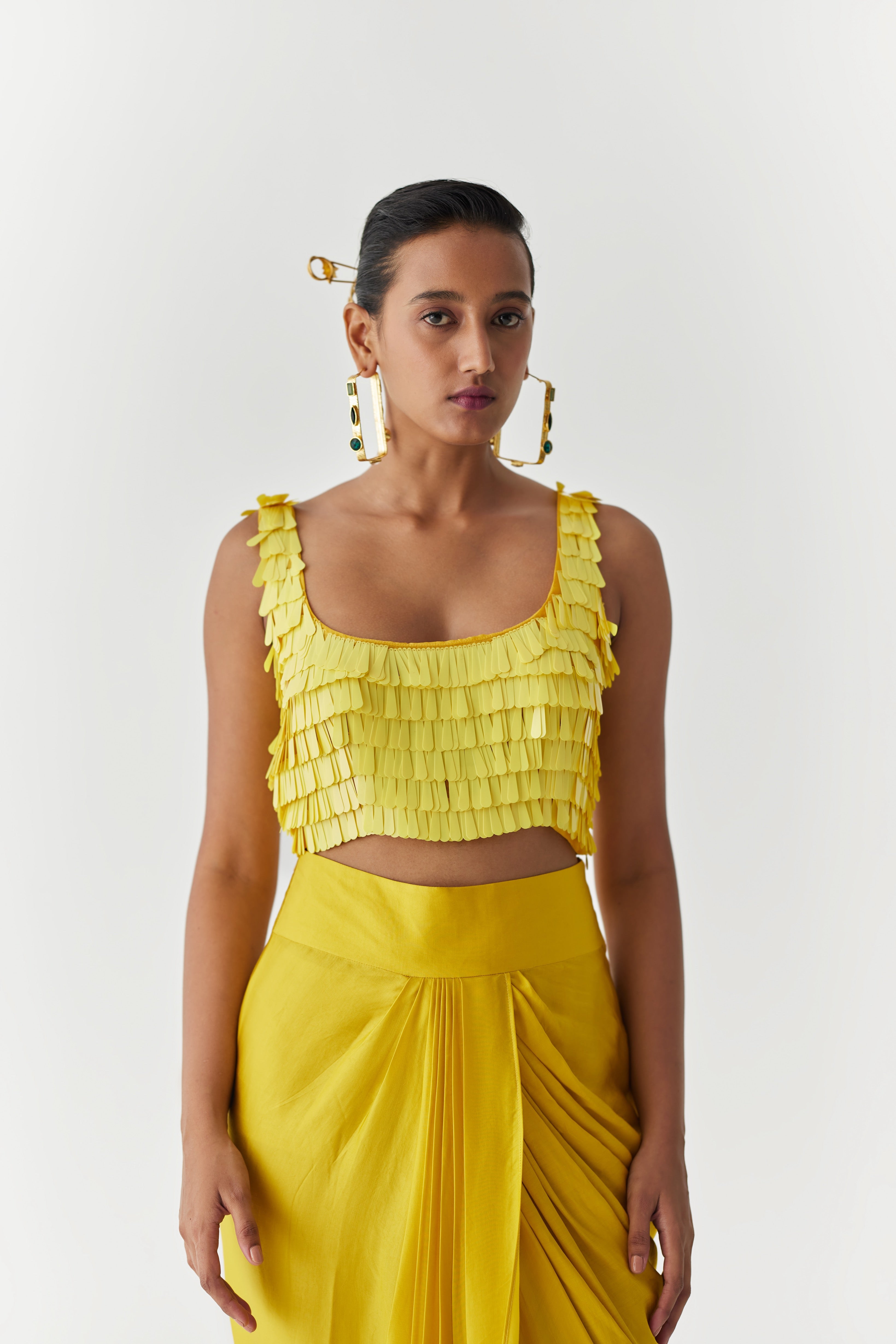 CANARY SEQUIN BLOUSE & DRAPE SKIRT
