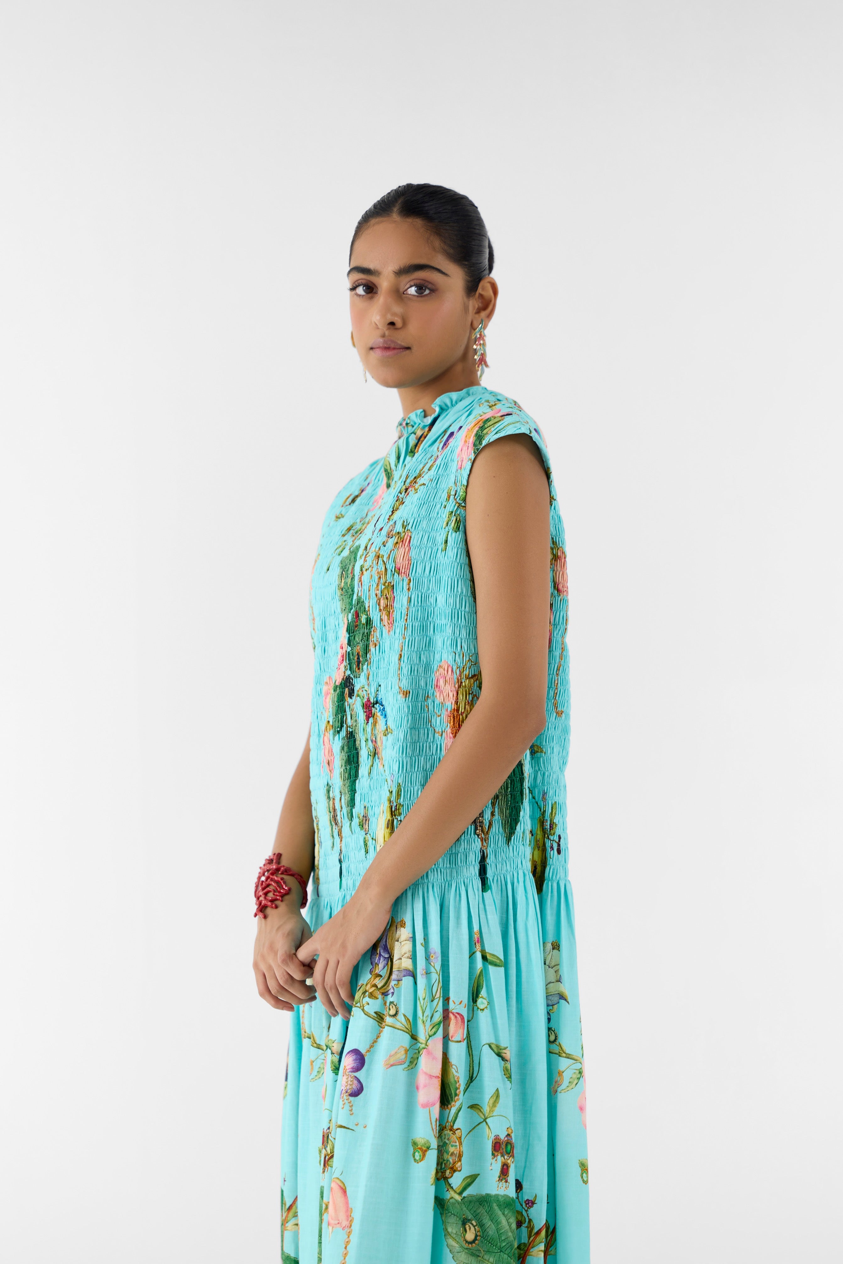 BLUE BLOSSOM RUCHING DRESS