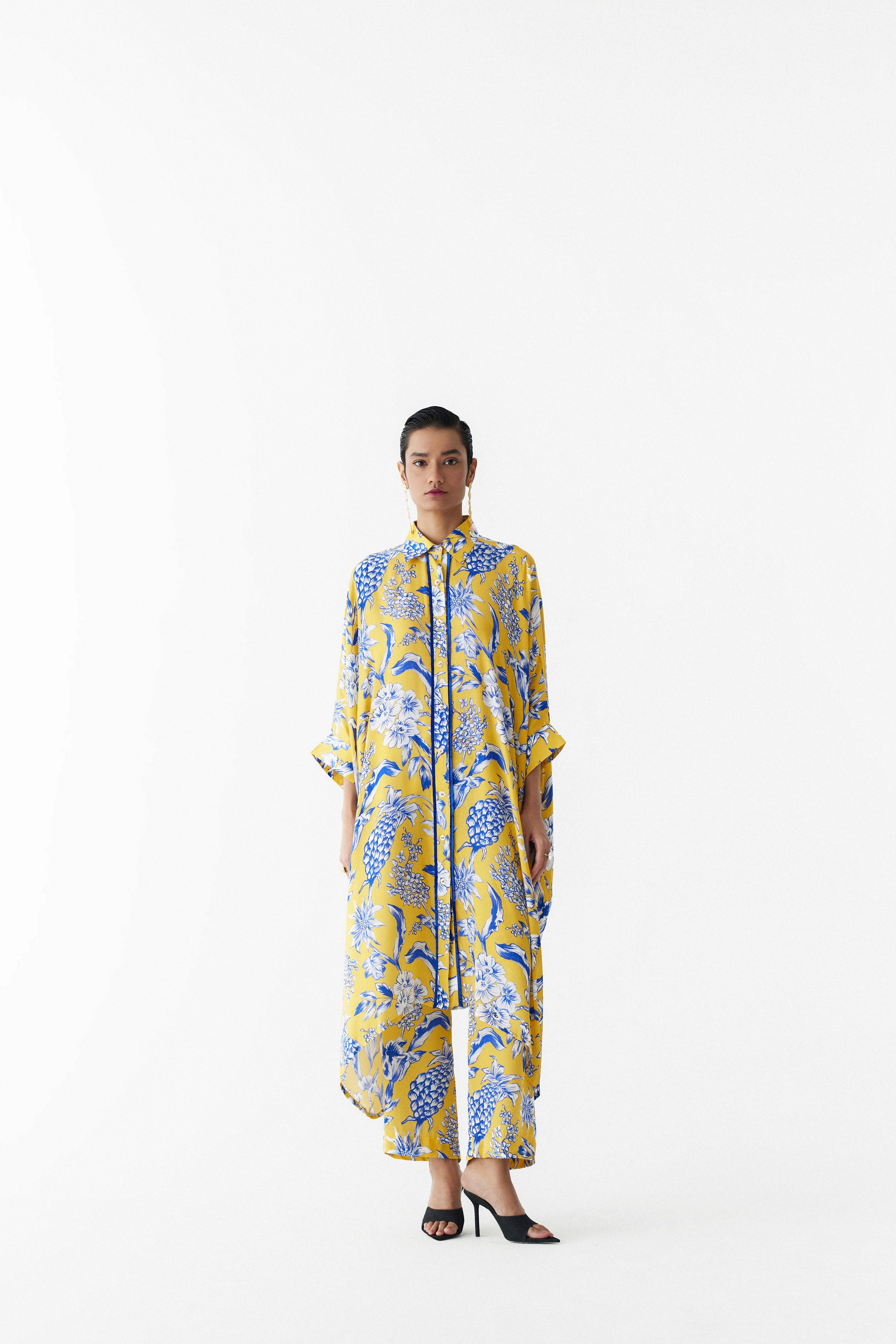 YELLOW PINEAPPLE FRONT BUTTON KIMONO AND PANTS CO-ORD