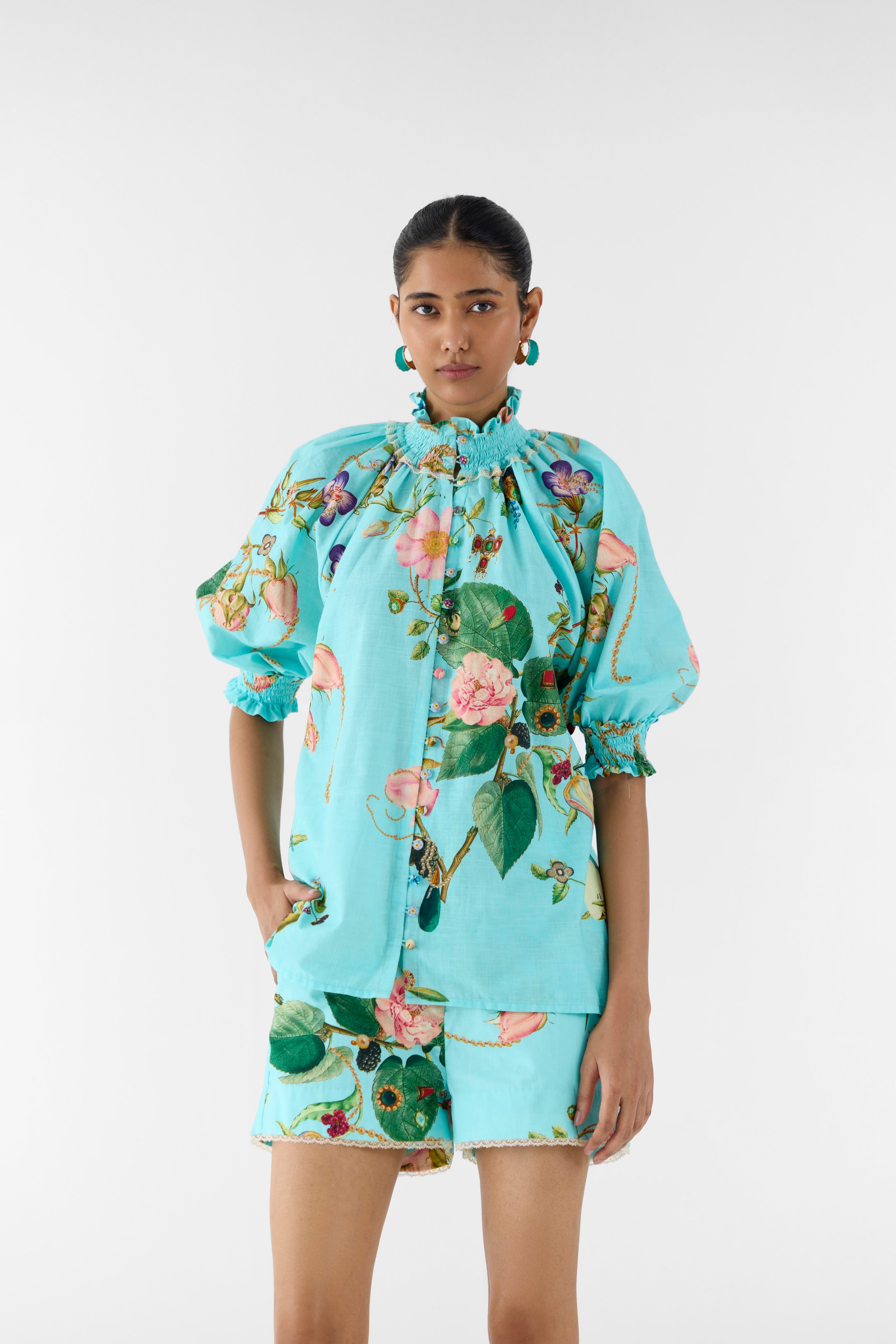 BLUE BLOSSOM RUCHING SHIRT & SHORTS