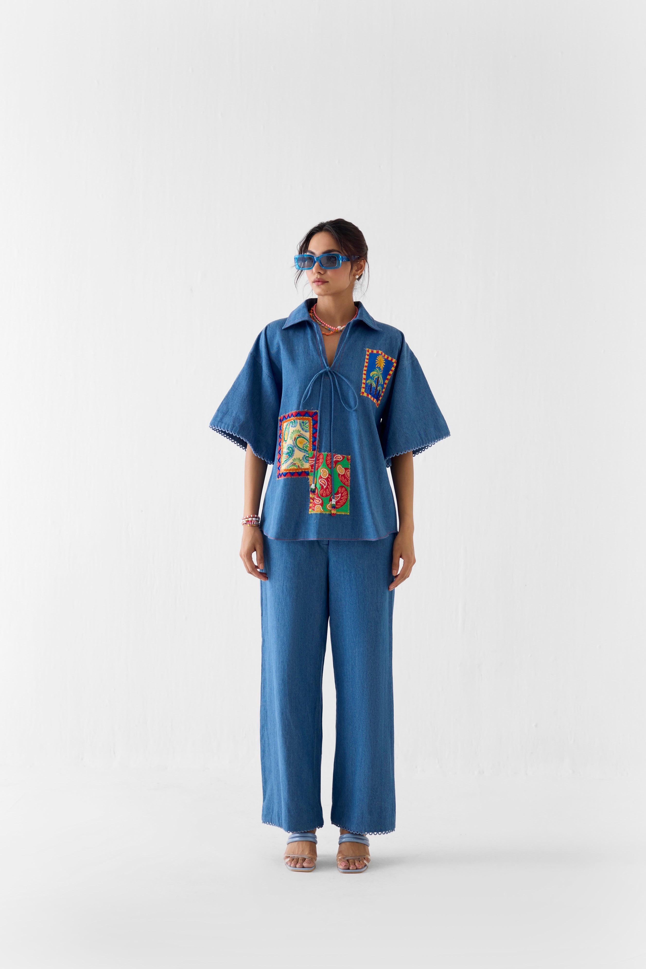 INDIGO PATCHWORK SHIRT & TROUSERS CO-ORD