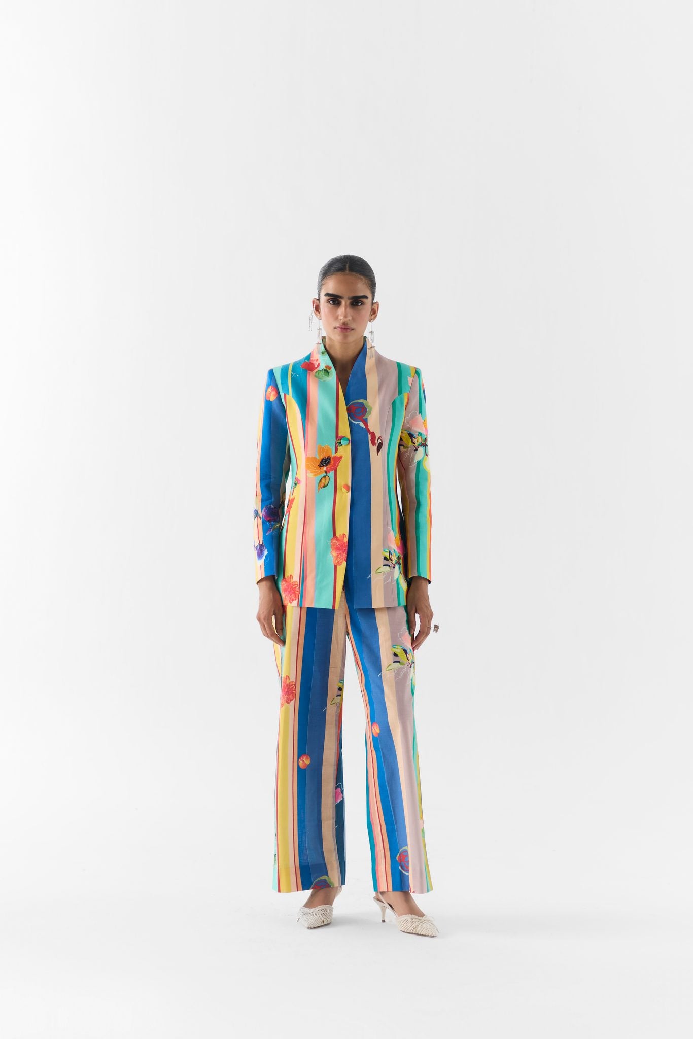 Blue Barcode blazer and pants co-ord in printed cotton, front view on model