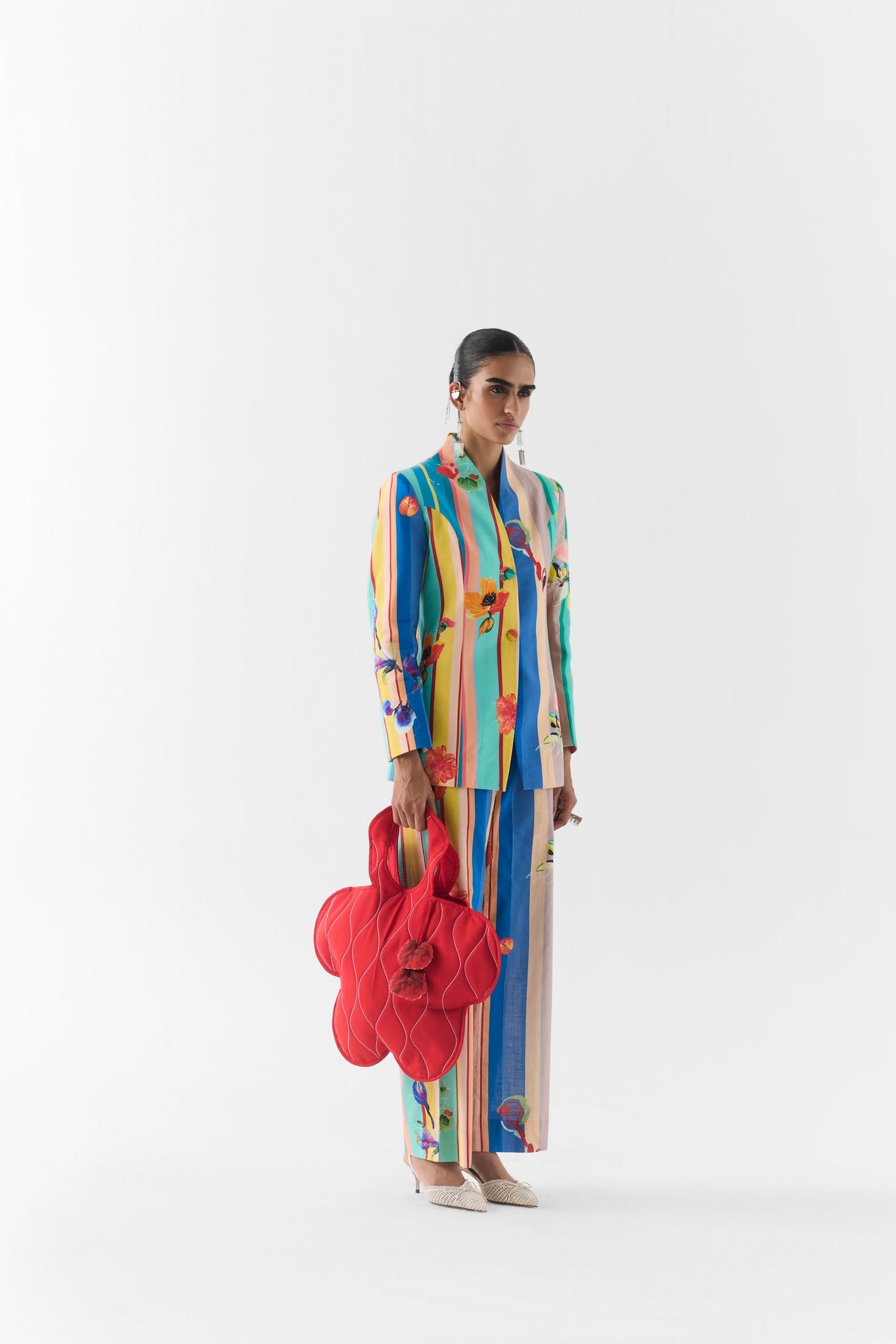 Blue Barcode printed blazer and matching trousers styled on model, side view