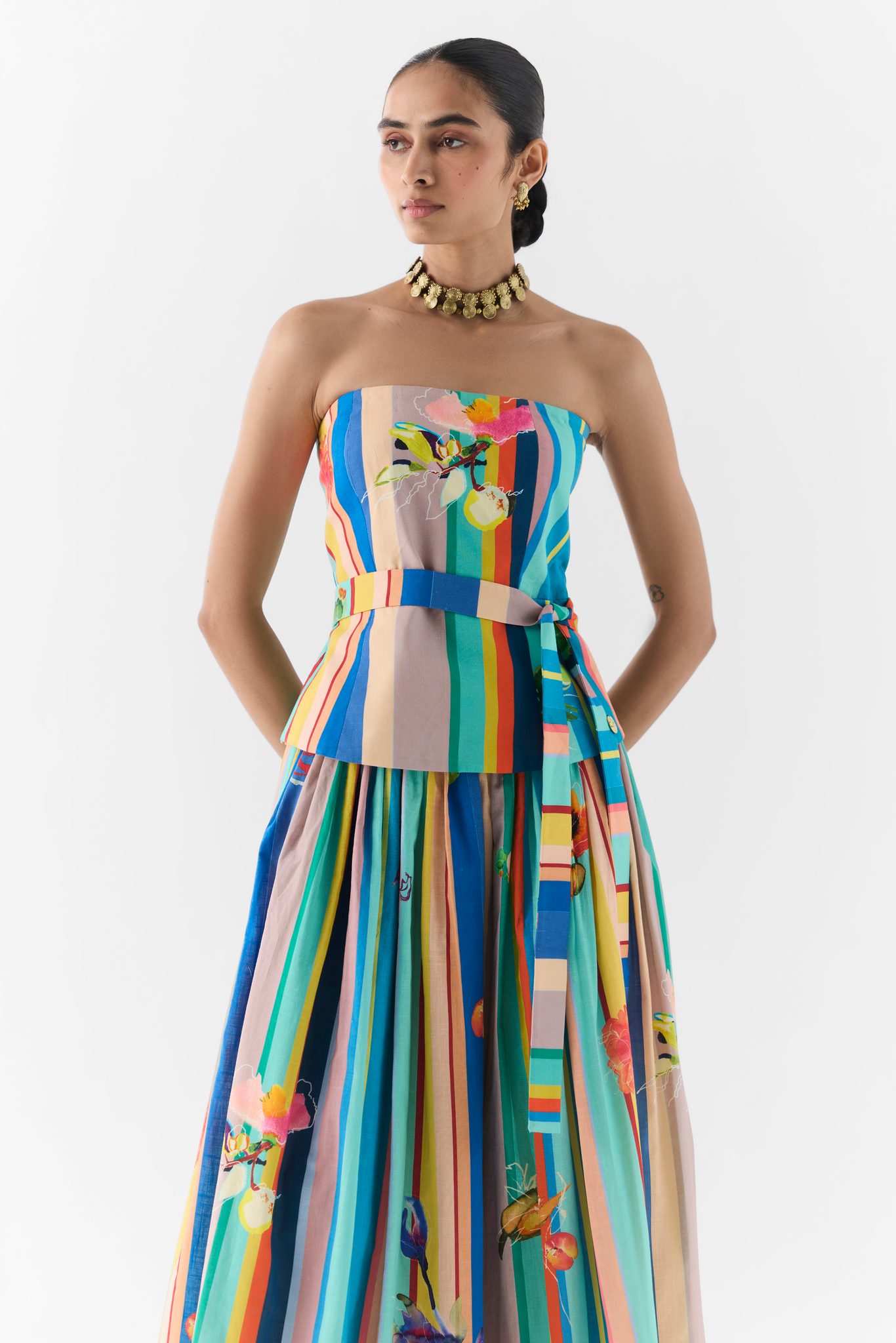 Blue Barcode Off Shoulder Top & Skirt front view on model, Studiorigu co-ord set