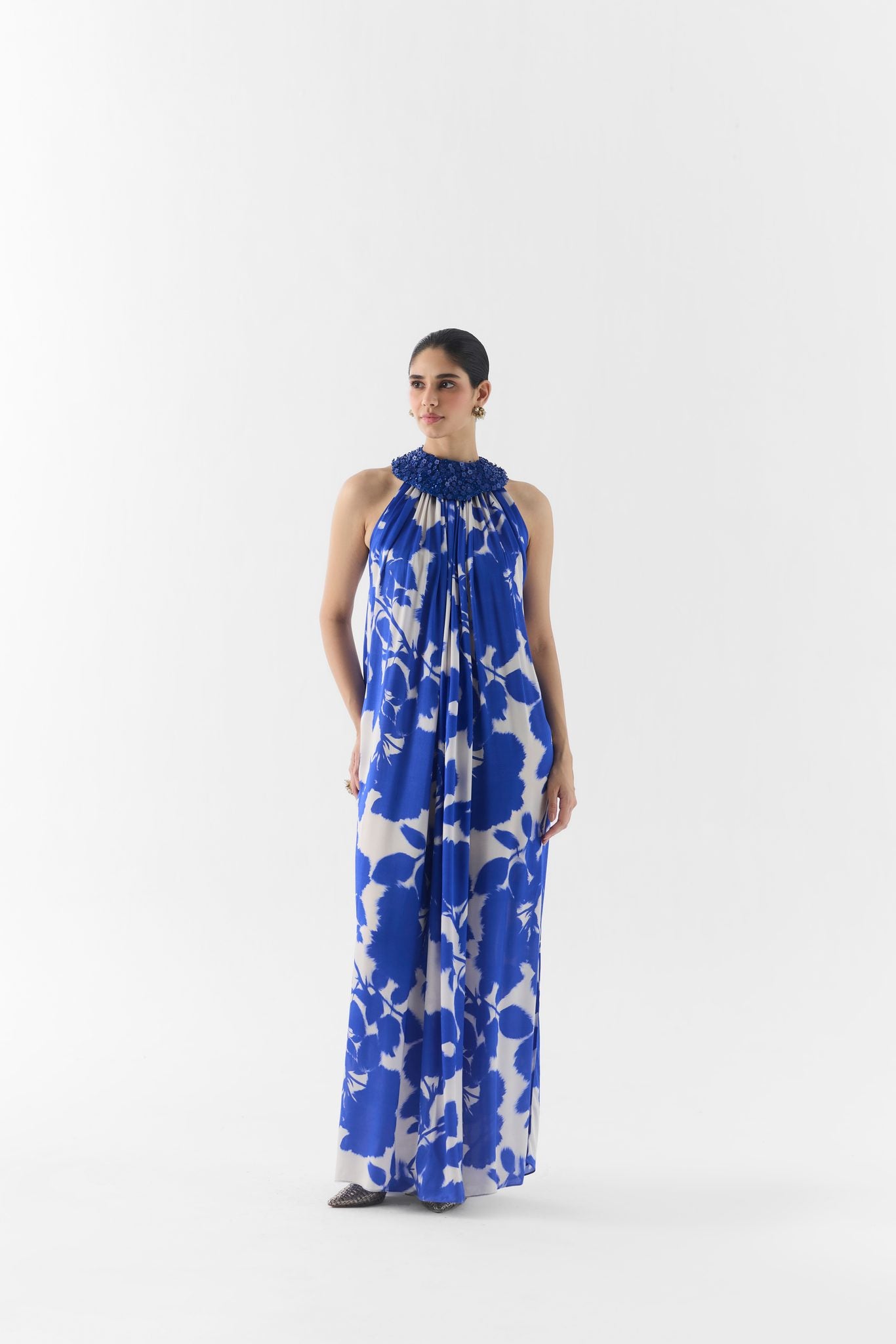 Blue Ink Halter Dress With Collar front view on model, Studiorigu printed dress