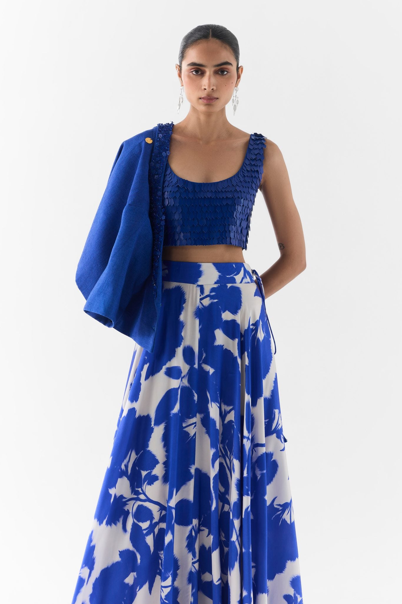 Blue Ink leather blouse and skirt front view on model, Studiorigu co-ord set
