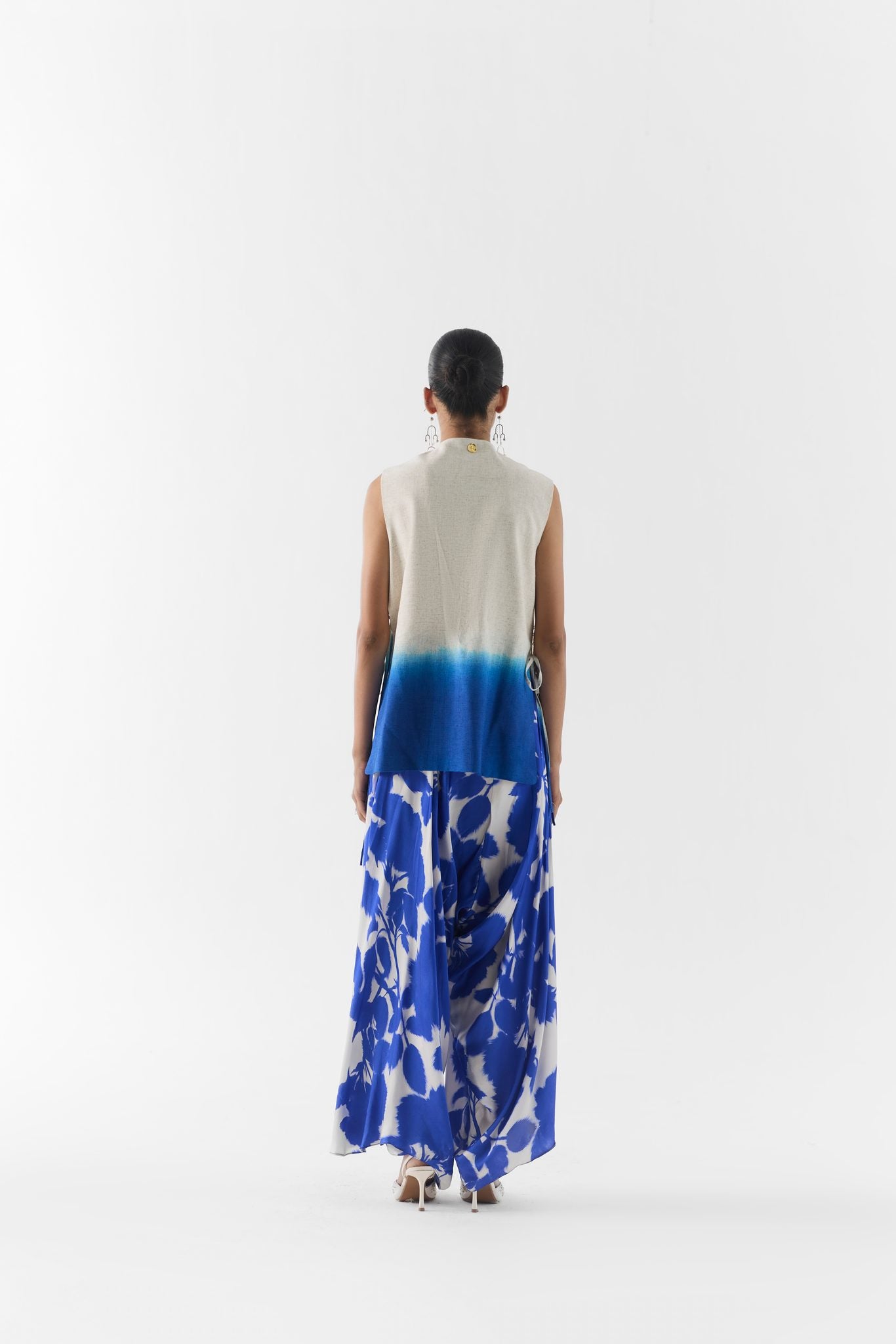 Blue ink print fabric detail on Studiorigu vest and dhoti pants set