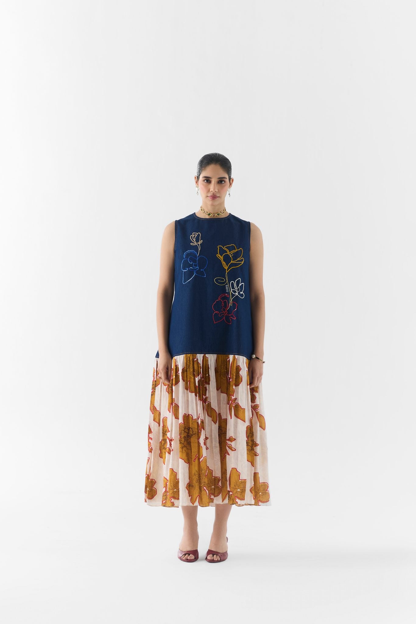 Elara denim A-line dress, front view on model