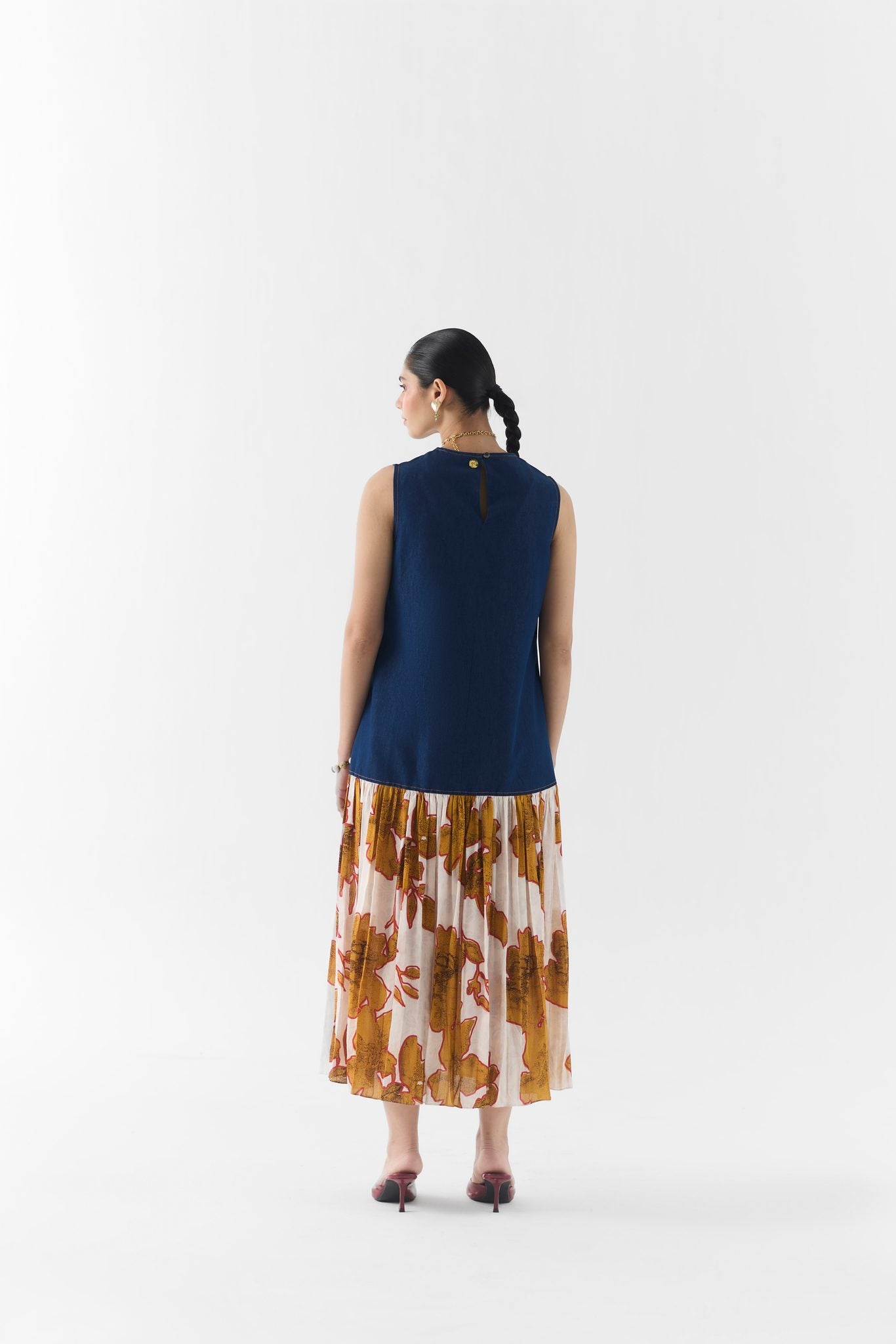 Denim fabric and stitch detail of the Elara A-line dress