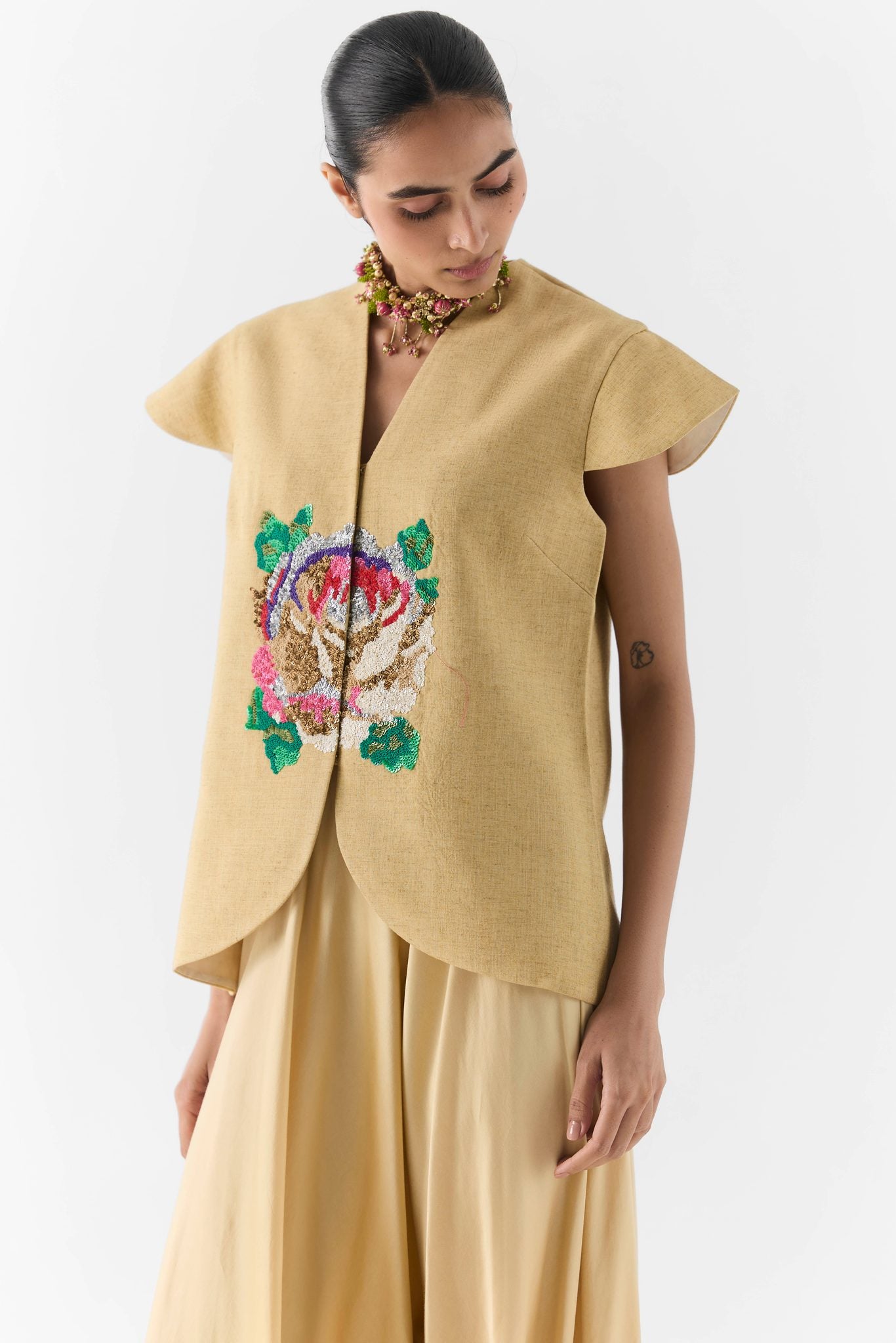 Back view of Gold Garden Rose Vest and Dhoti Pants contemporary Indian co-ord