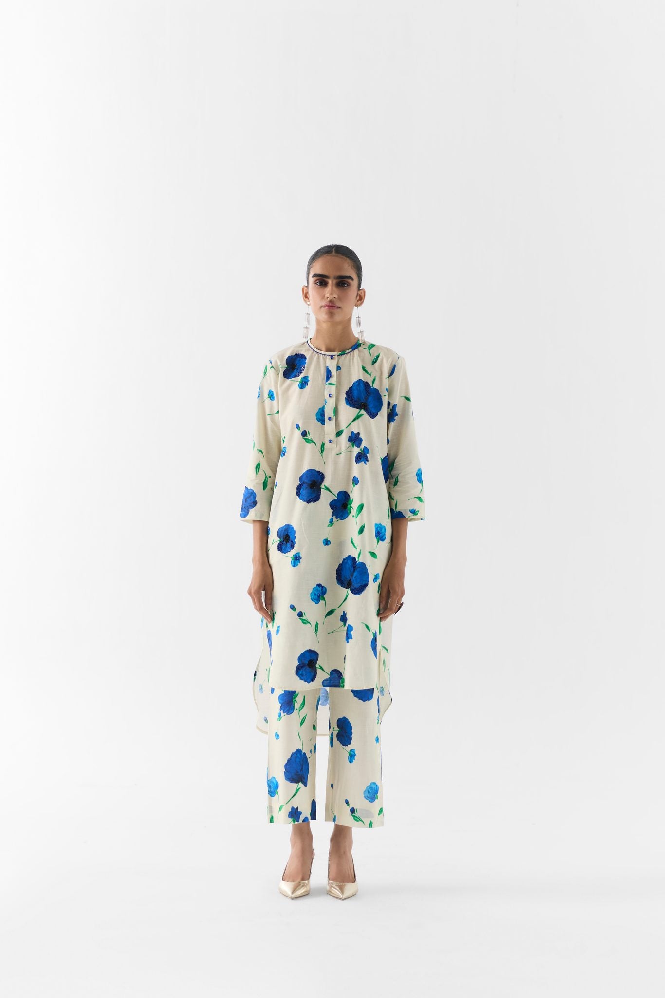 Moss Rose Kurta & Pants front view on model in olive floral print