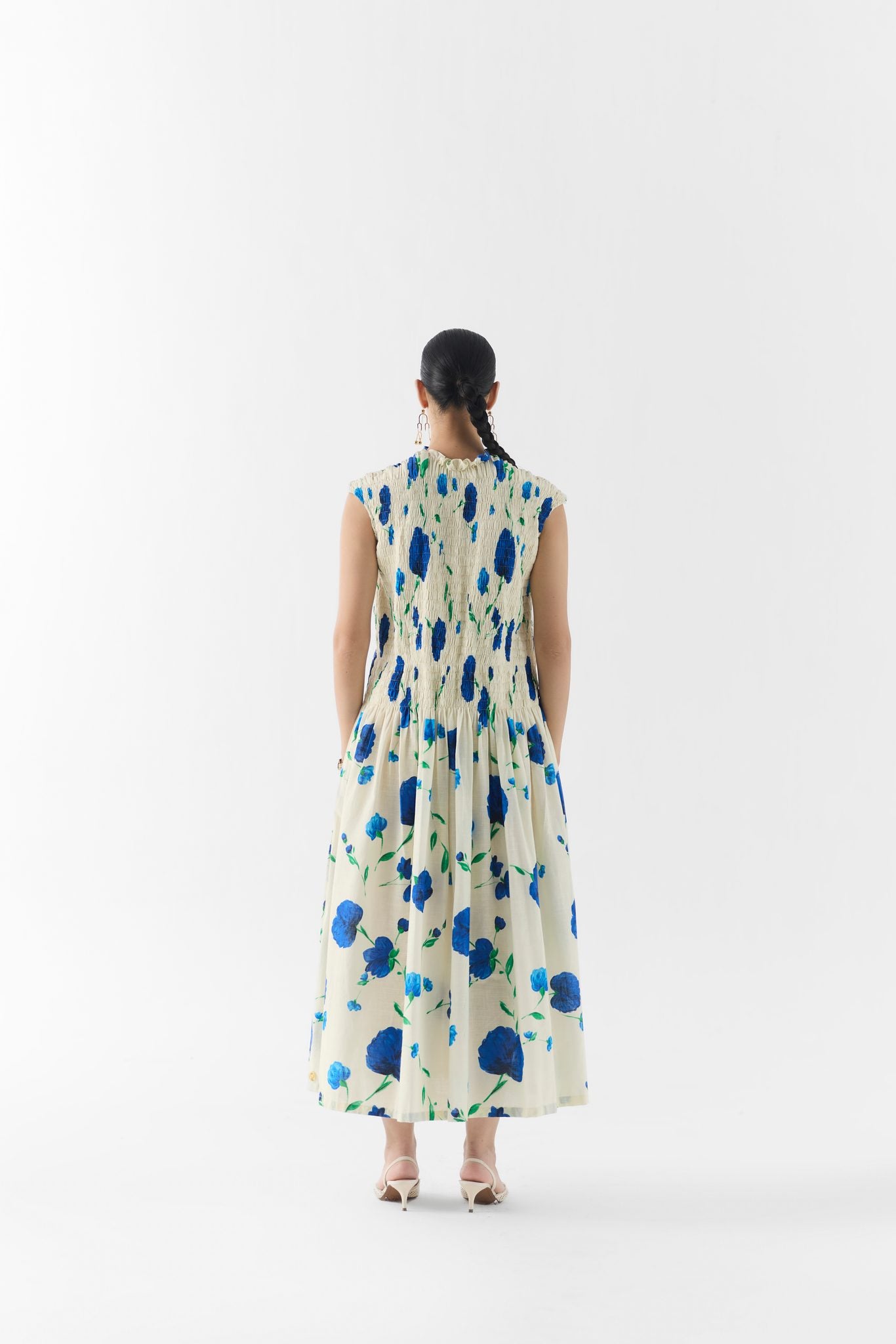Moss Rose ruching dress styled full length, contemporary Indian womenswear