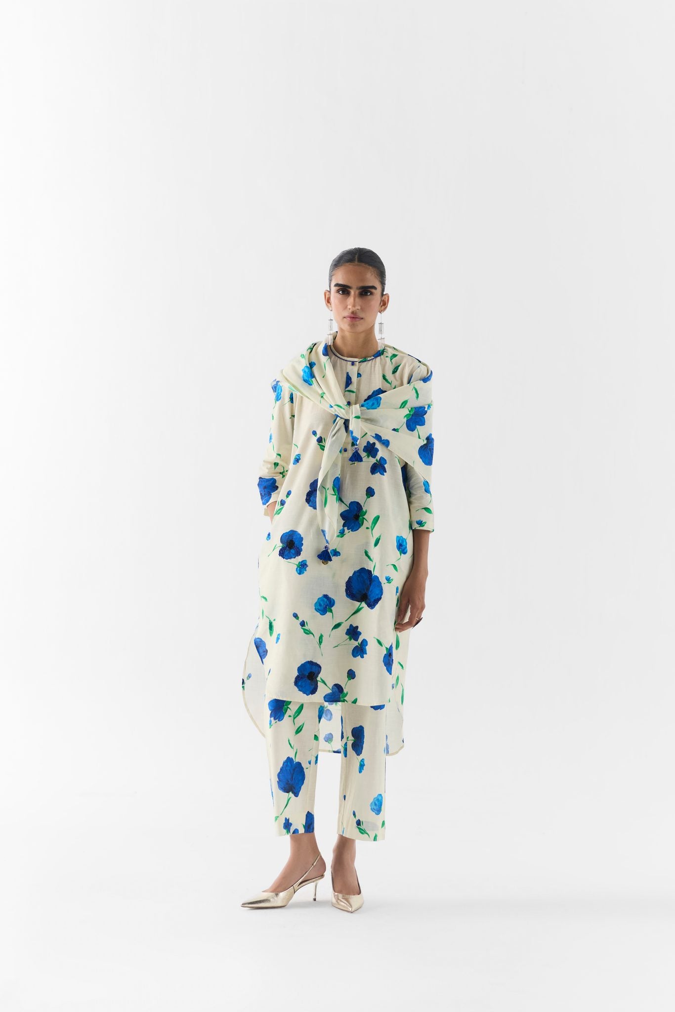 Moss Rose Scarf styled on model in moss green floral print