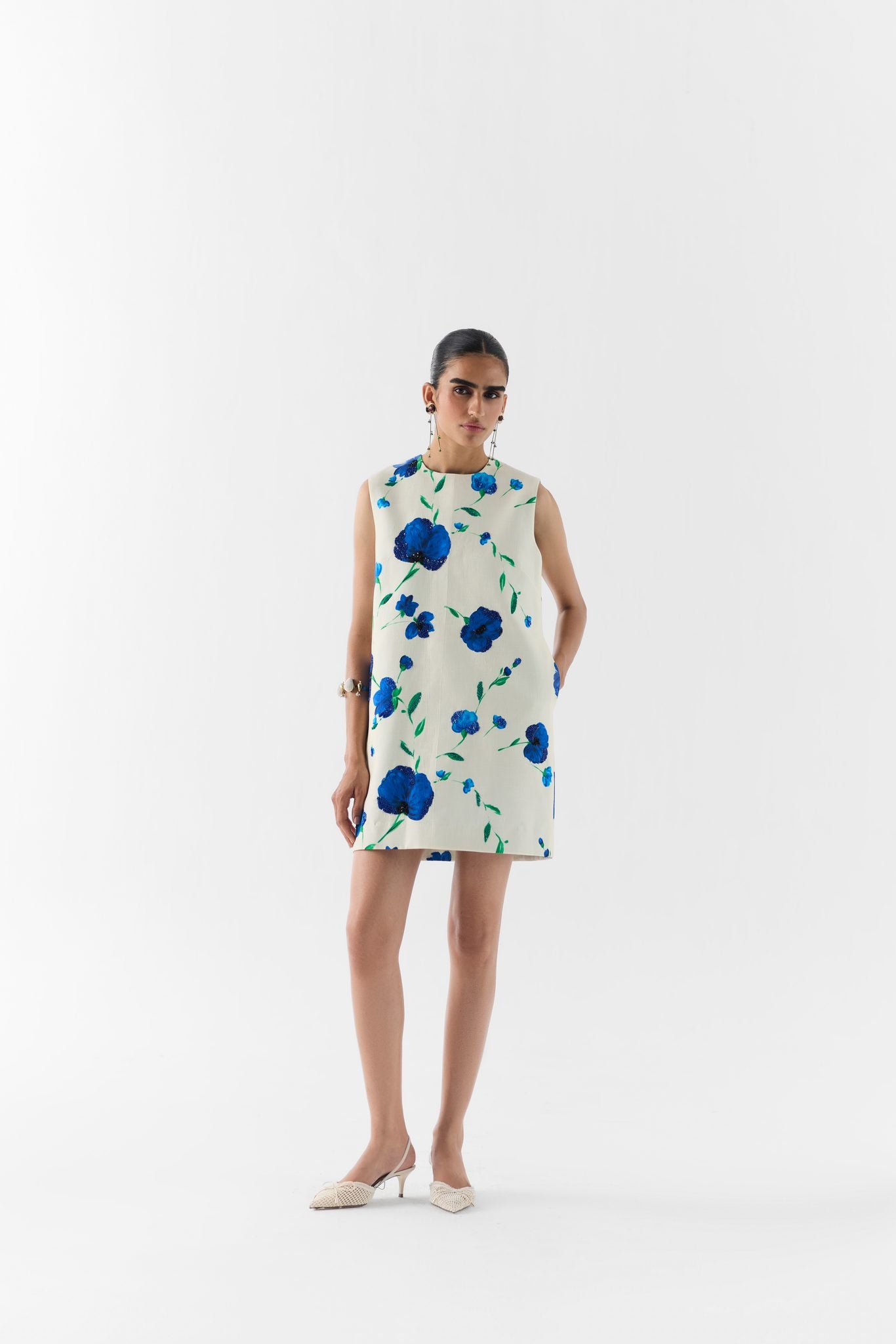 Moss Rose Short Dress front view on model in moss floral print