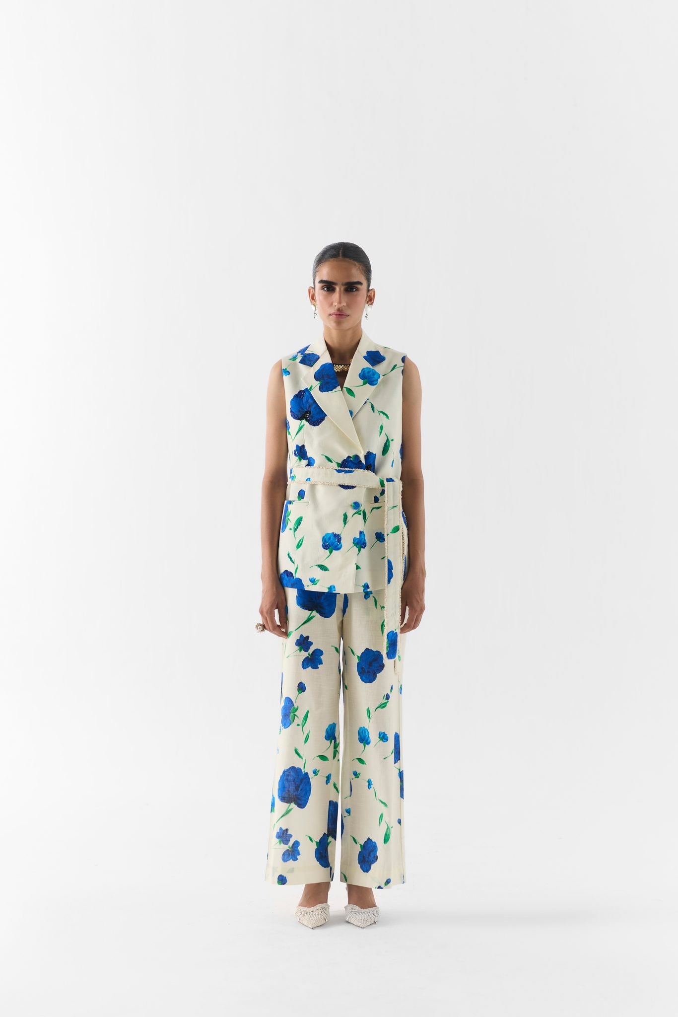 Moss Rose Sleeveless Blazer & Pants front view on model