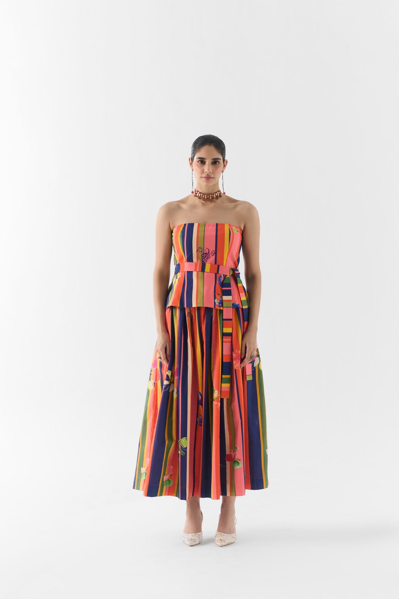 Pink Barcode Off Shoulder Top & Skirt front view on model, Studiorigu co-ord set