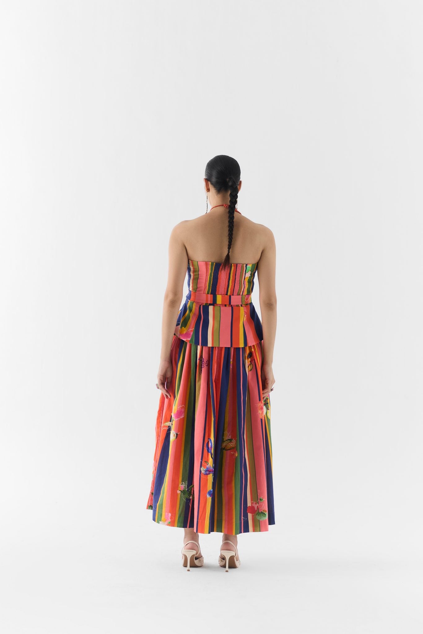 Styled full length look of the Pink Barcode Off Shoulder Top and Skirt by Studiorigu