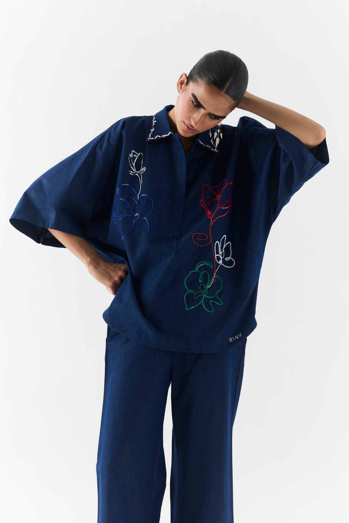 Back view of Posy Denim Co-Ord two-piece set styled for contemporary daywear