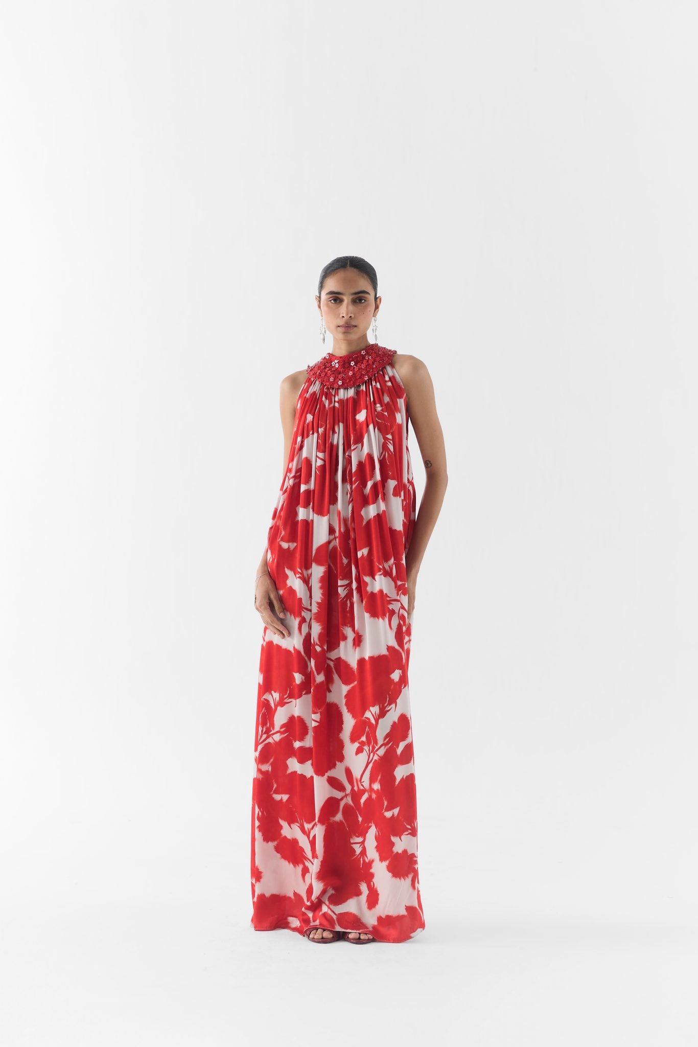 Red Ink Halter Dress With Collar front view on model, Studiorigu printed dress