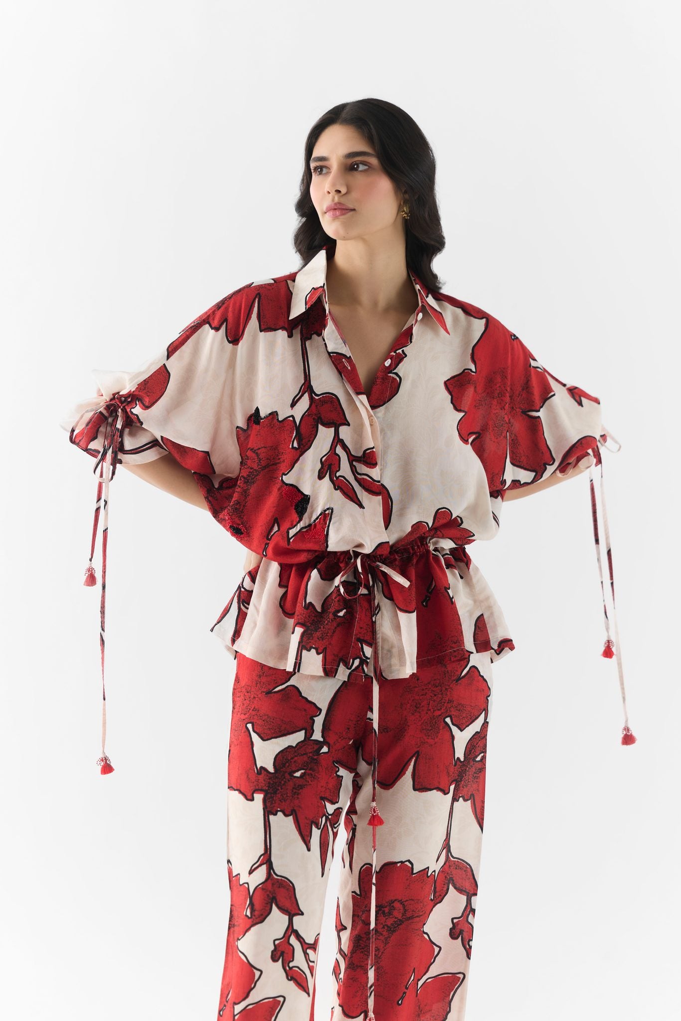 Rosalie rose print co-ord shirt with tie sleeves and drawstring waist, close view