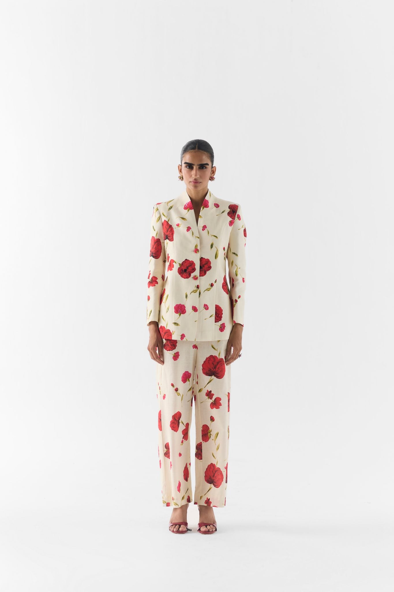 Sisley Rose Blazer & Pants front view on model in rose print