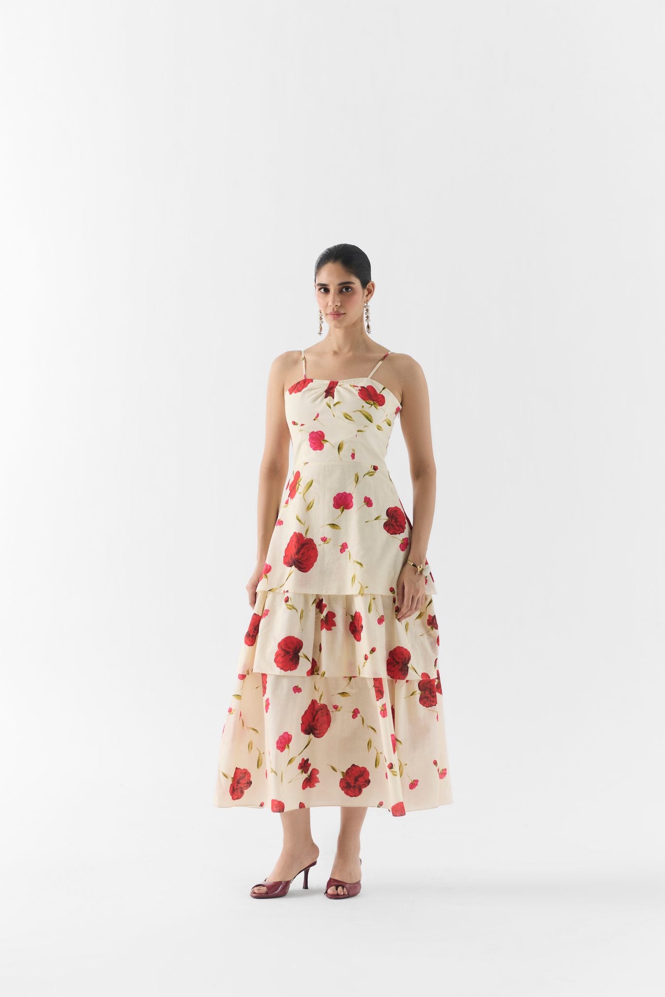 Sisley Rose Bustier Dress front view on model in rose print