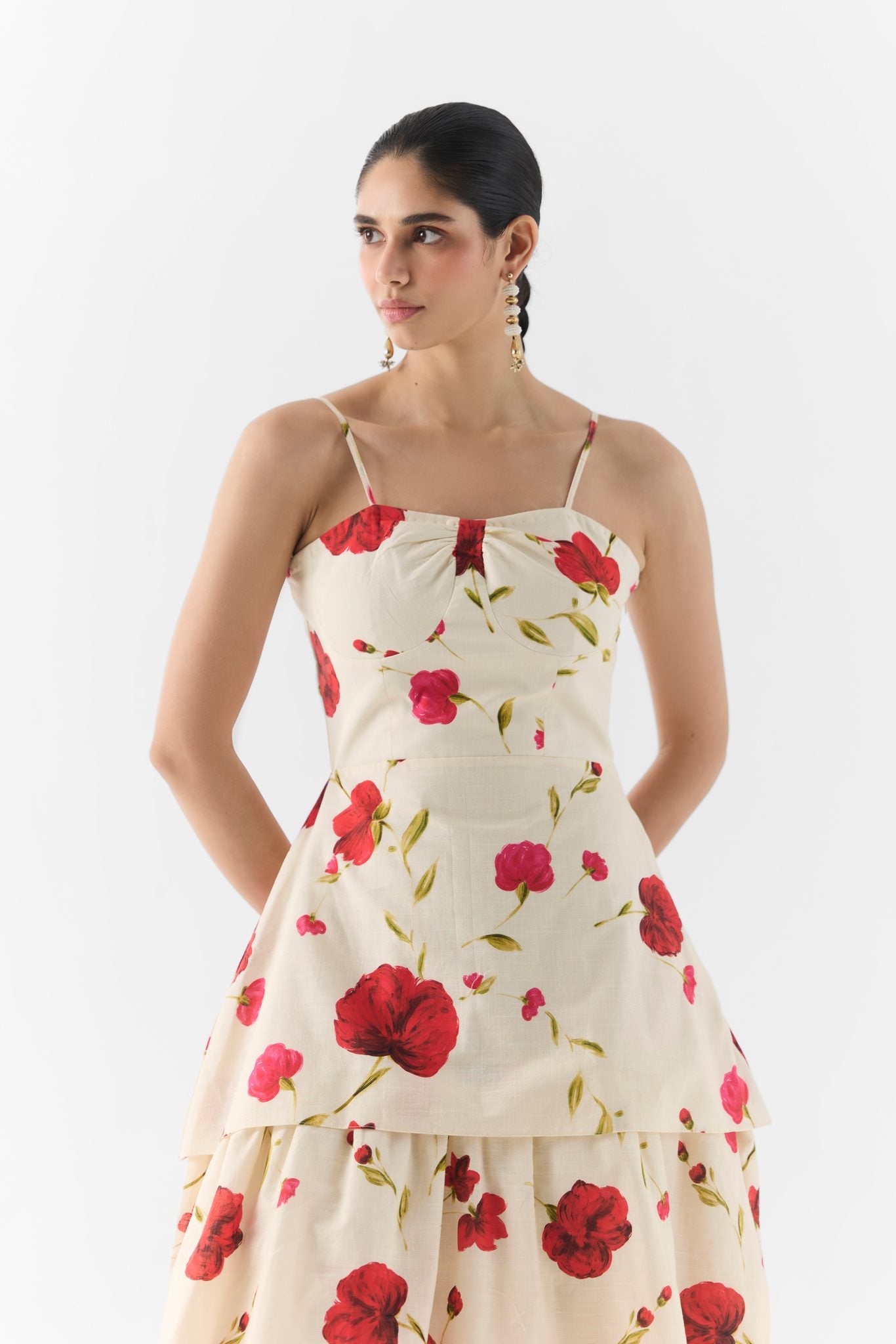 Side view of the Sisley Rose bustier dress showing structured bodice