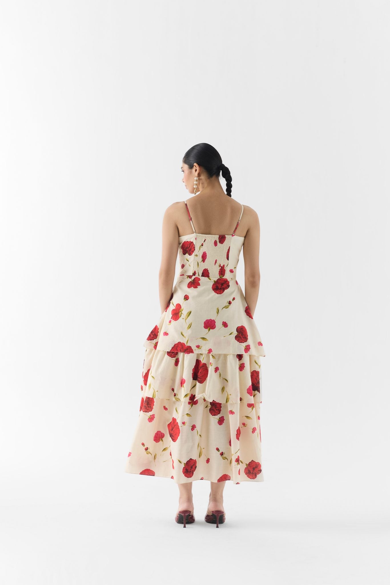 Close-up of bustier seaming and Sisley Rose printed fabric