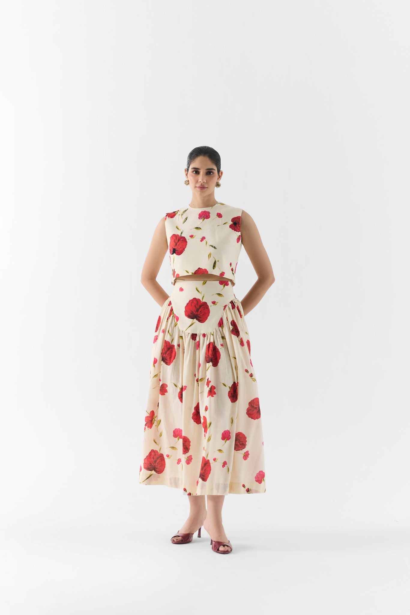 Rose print and fabric detail of the Sisley Rose Crop Top & Skirt co-ord
