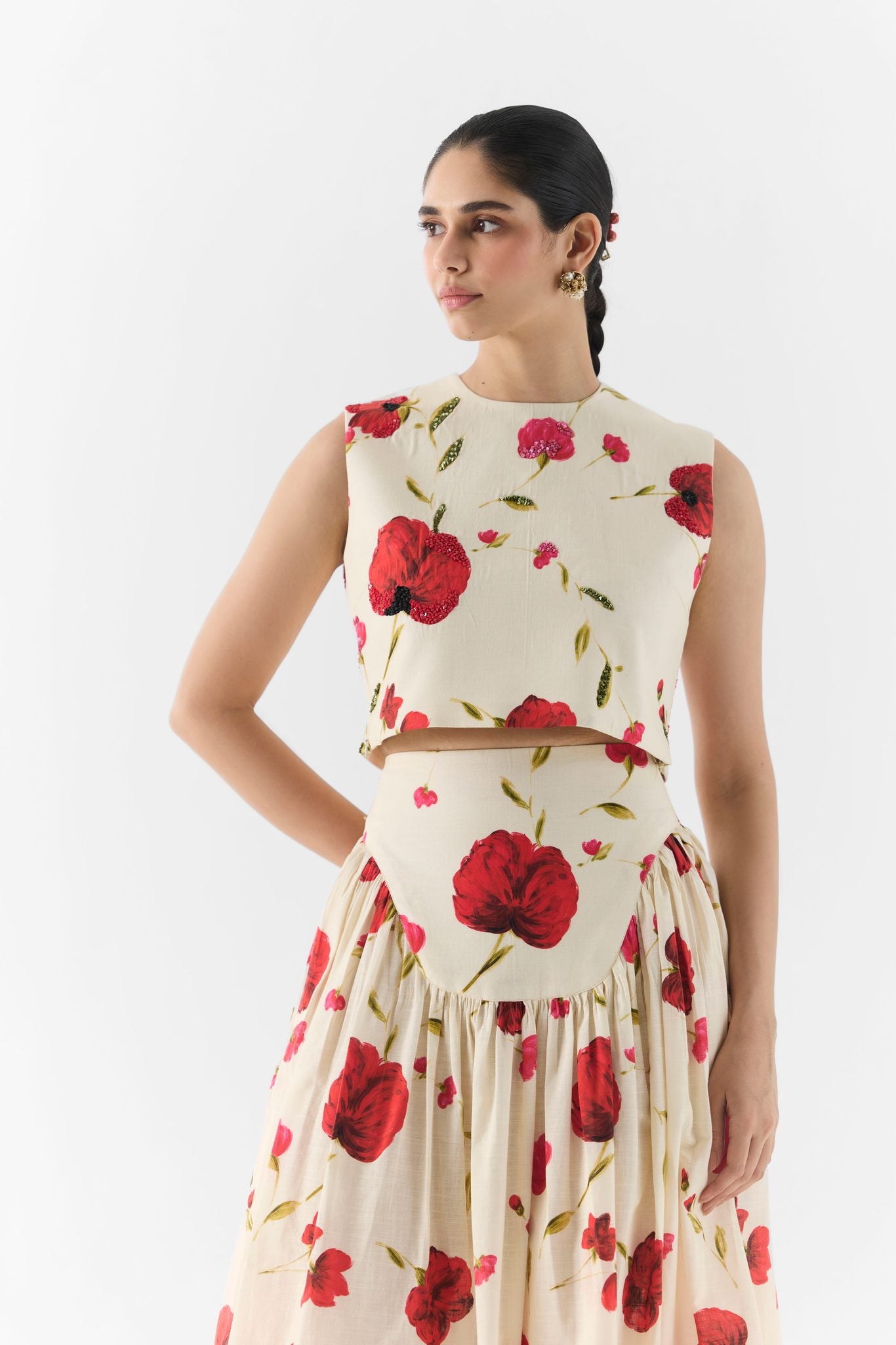 Sisley Rose Crop Top & Skirt front view on model, floral printed two-piece set