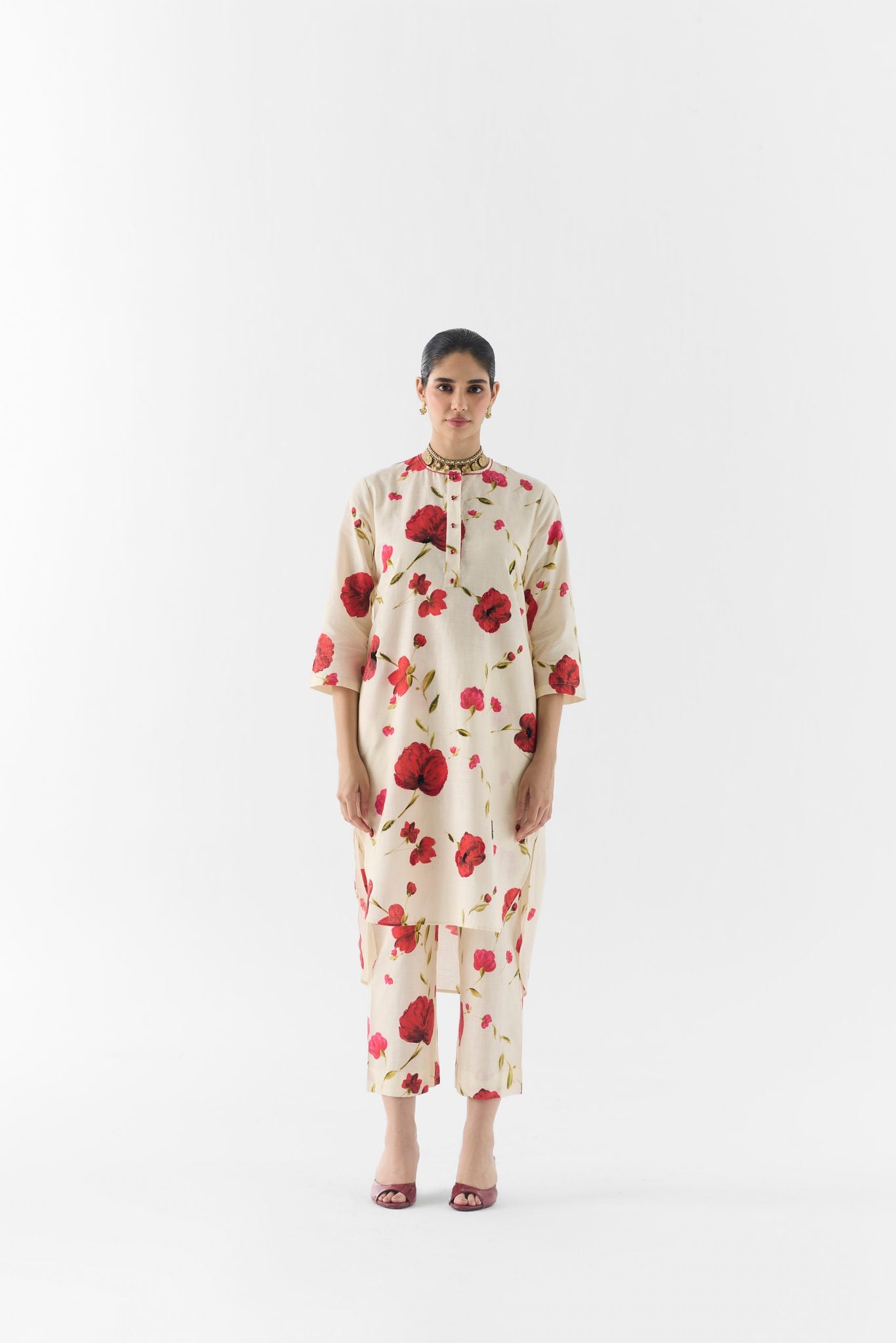 Side view of Sisley Rose Kurta & Pants showing relaxed silhouette and straight-fit trousers