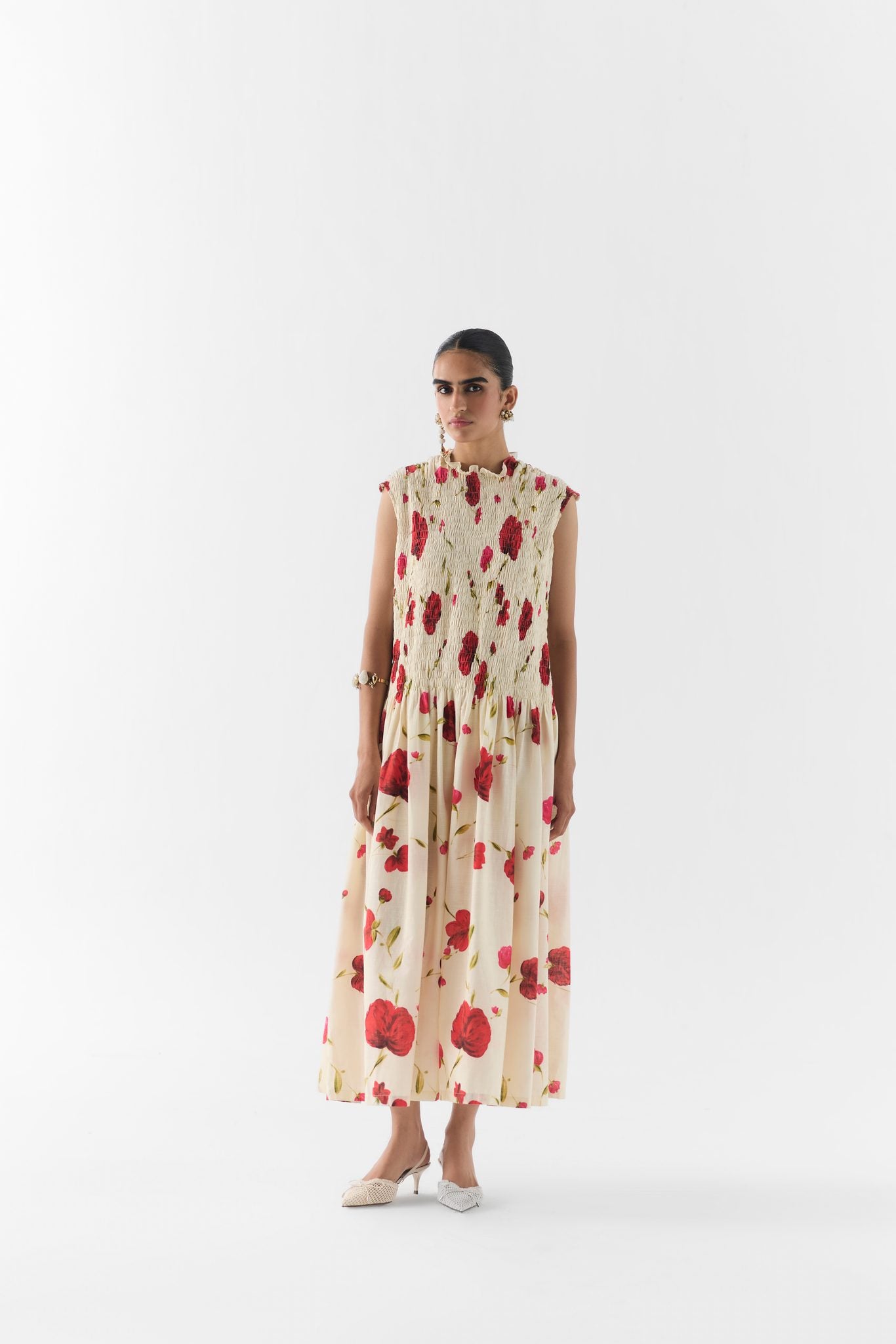 Sisley Rose Ruching Dress front view on model, floral printed body-skimming dress