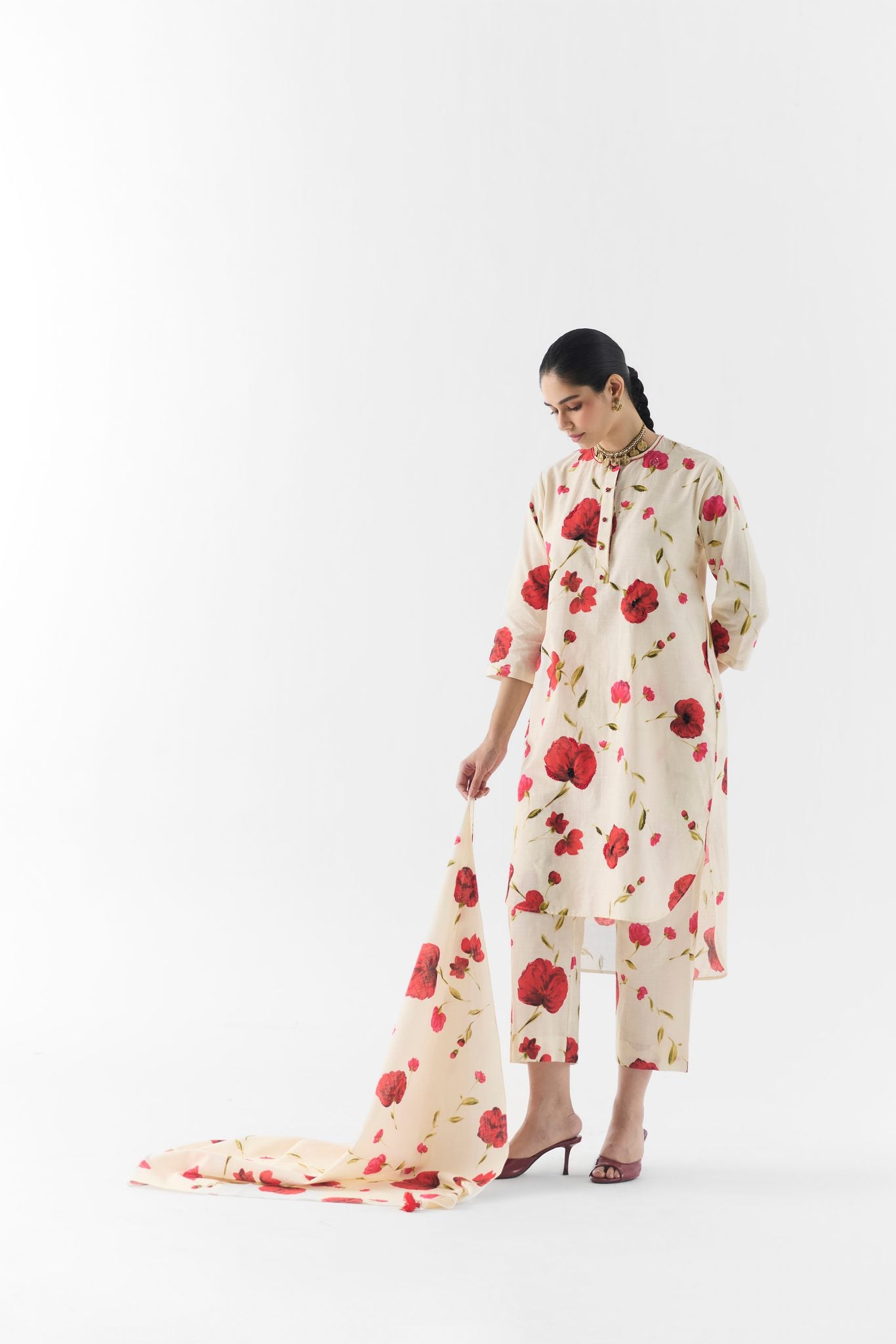 Sisley Rose Scarf styled on model, floral printed lightweight stole accessory