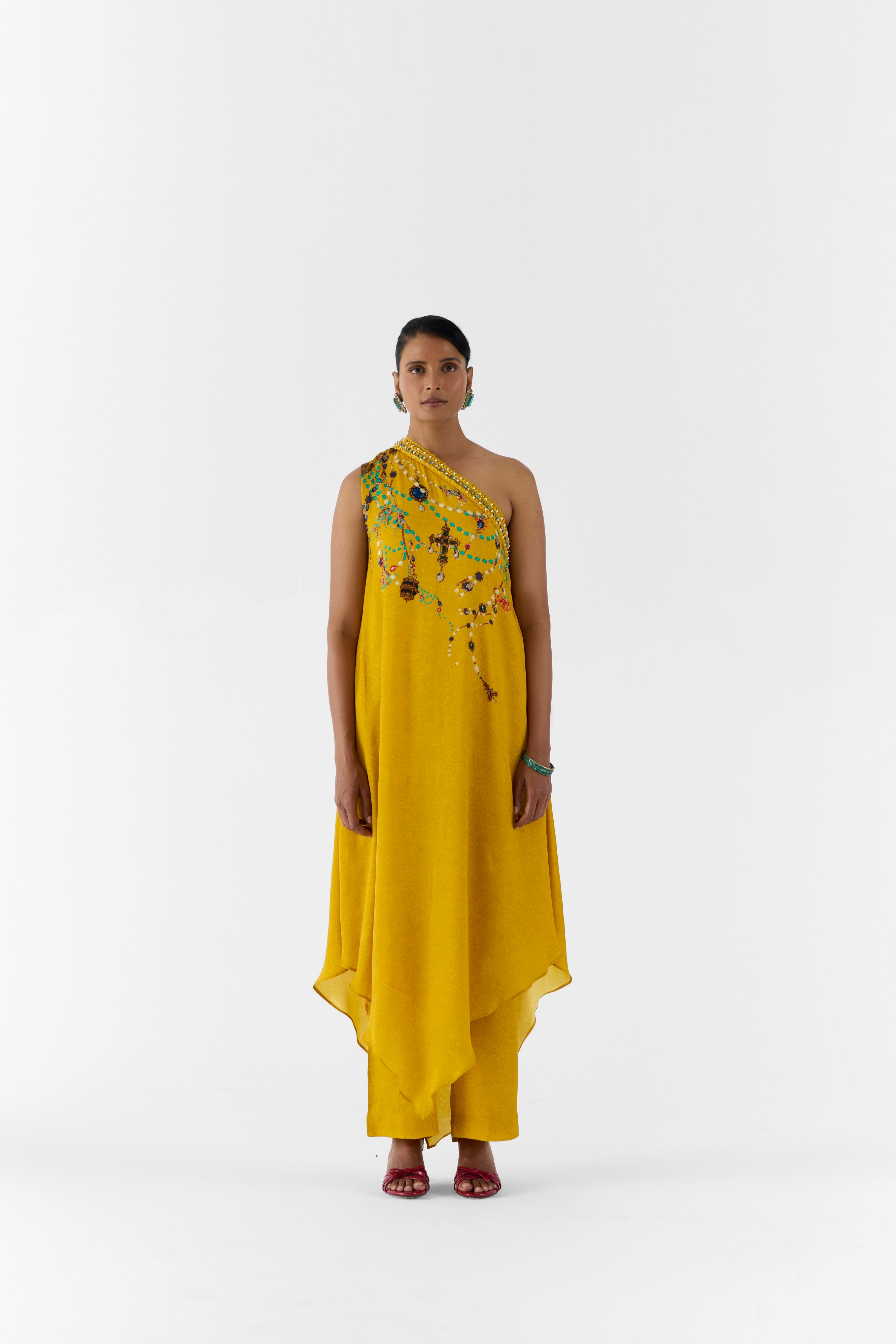MUSTARD MAHARANI ONE SHOUDLER KURTA & PANTS