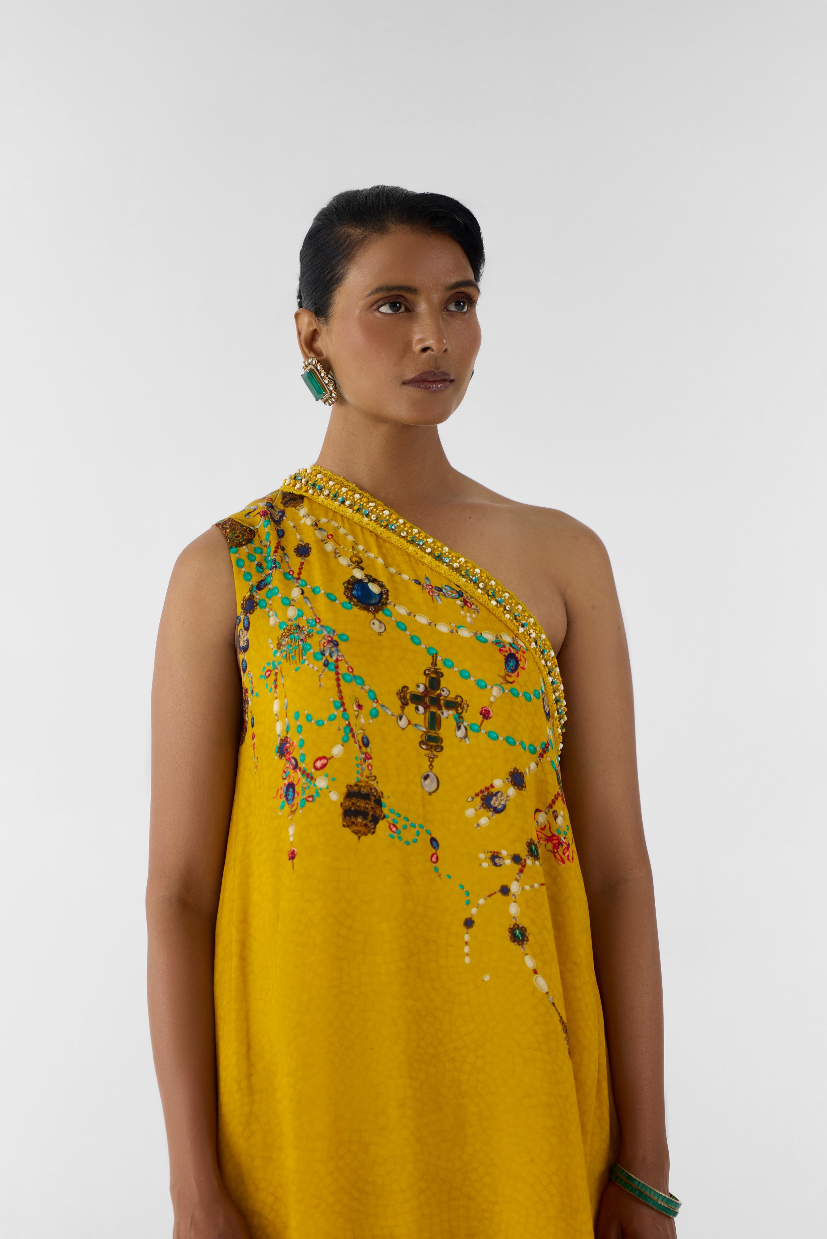 MUSTARD MAHARANI ONE SHOUDLER KURTA & PANTS