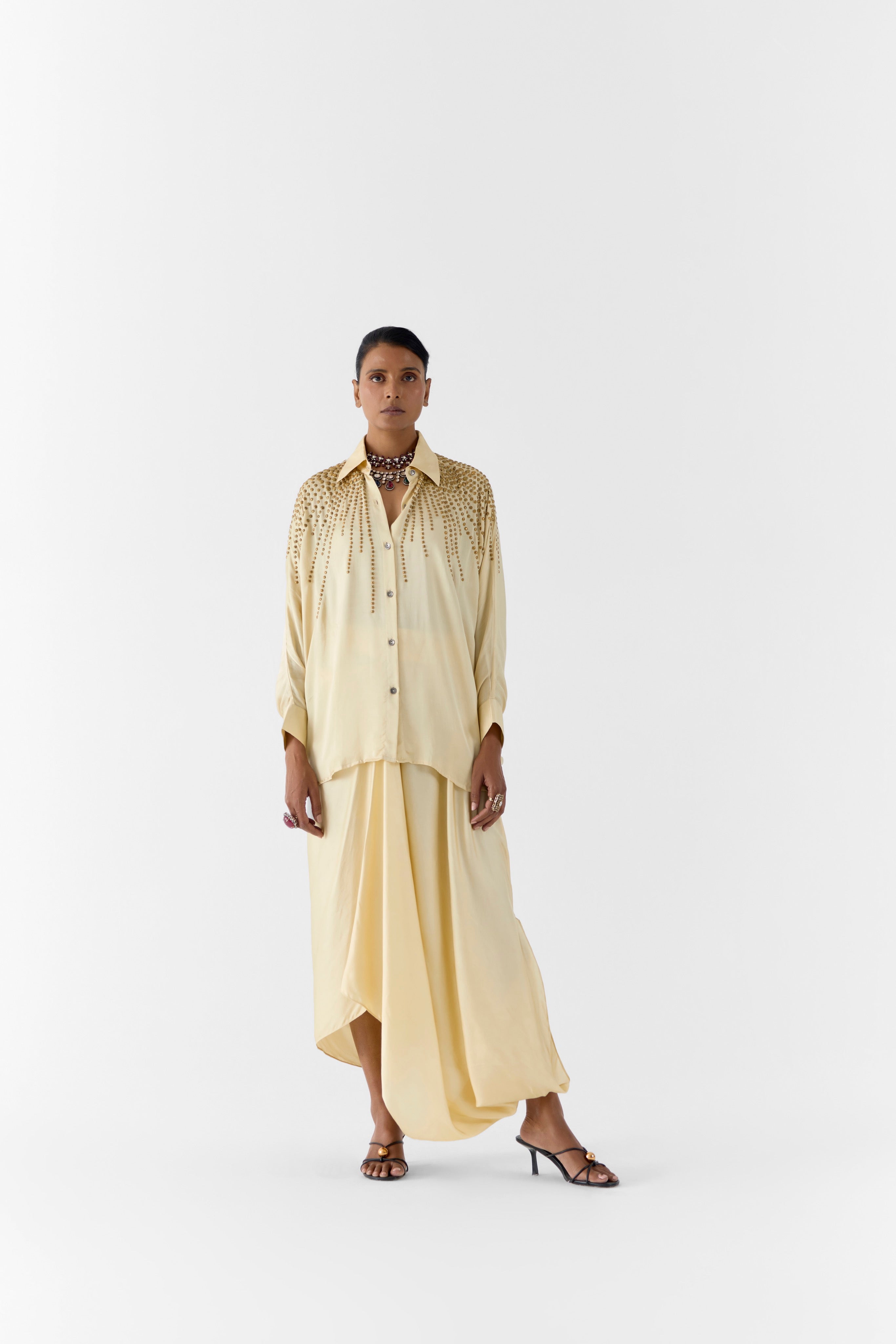 PEARL STUDDED SHIRT AND KNOT SKIRT