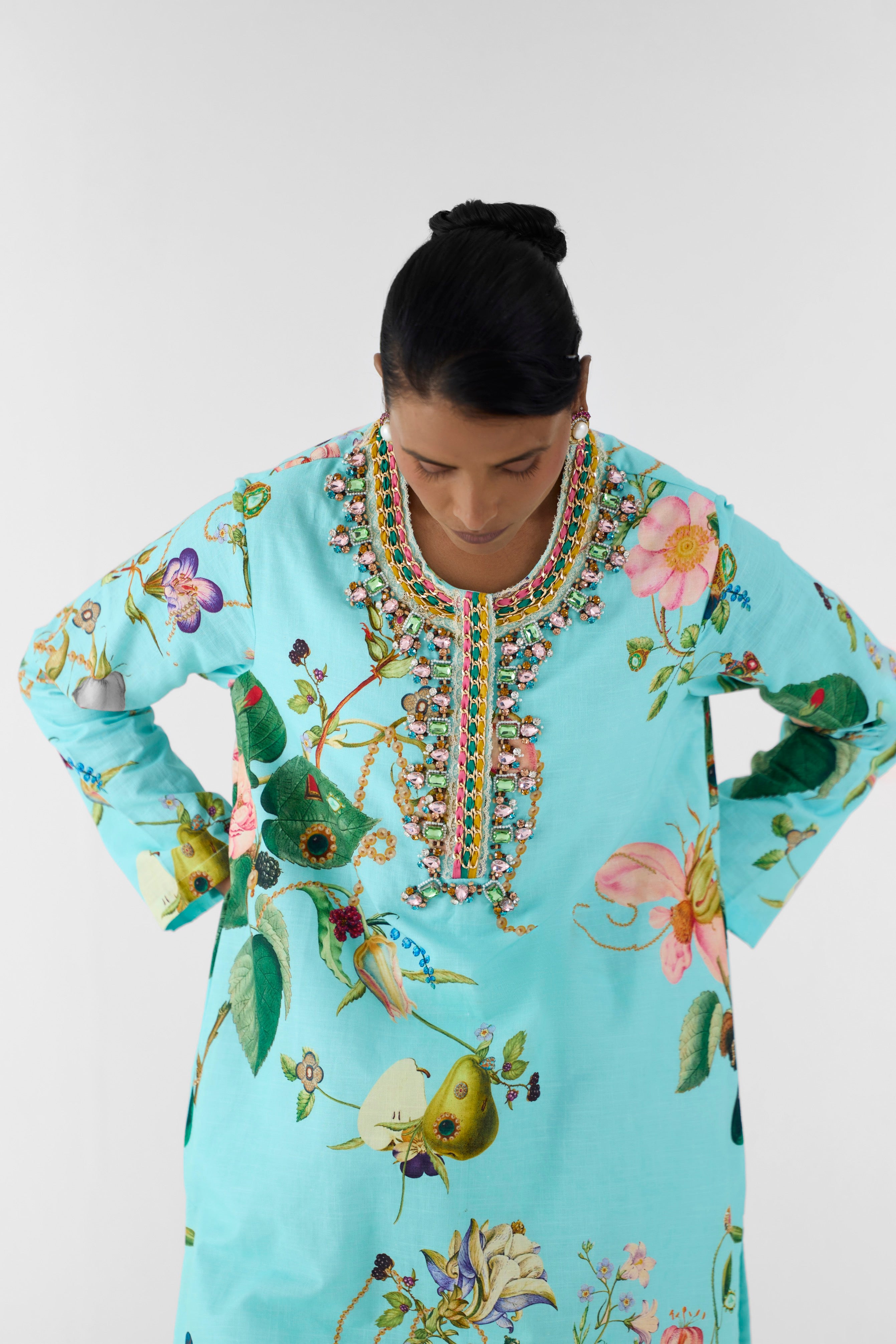 BLUE BLOSSOM STONEWORK KURTA & PANTS