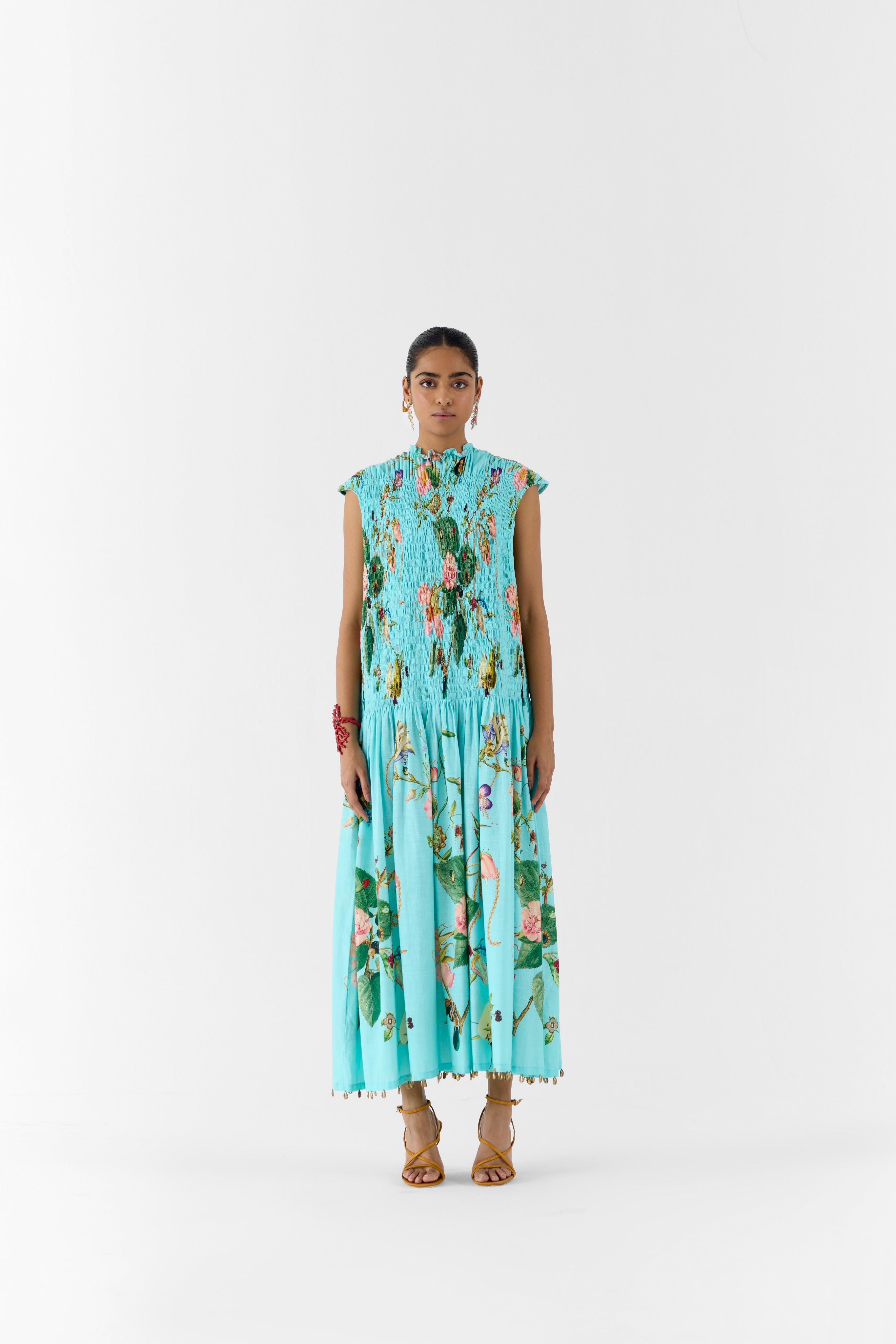BLUE BLOSSOM RUCHING DRESS