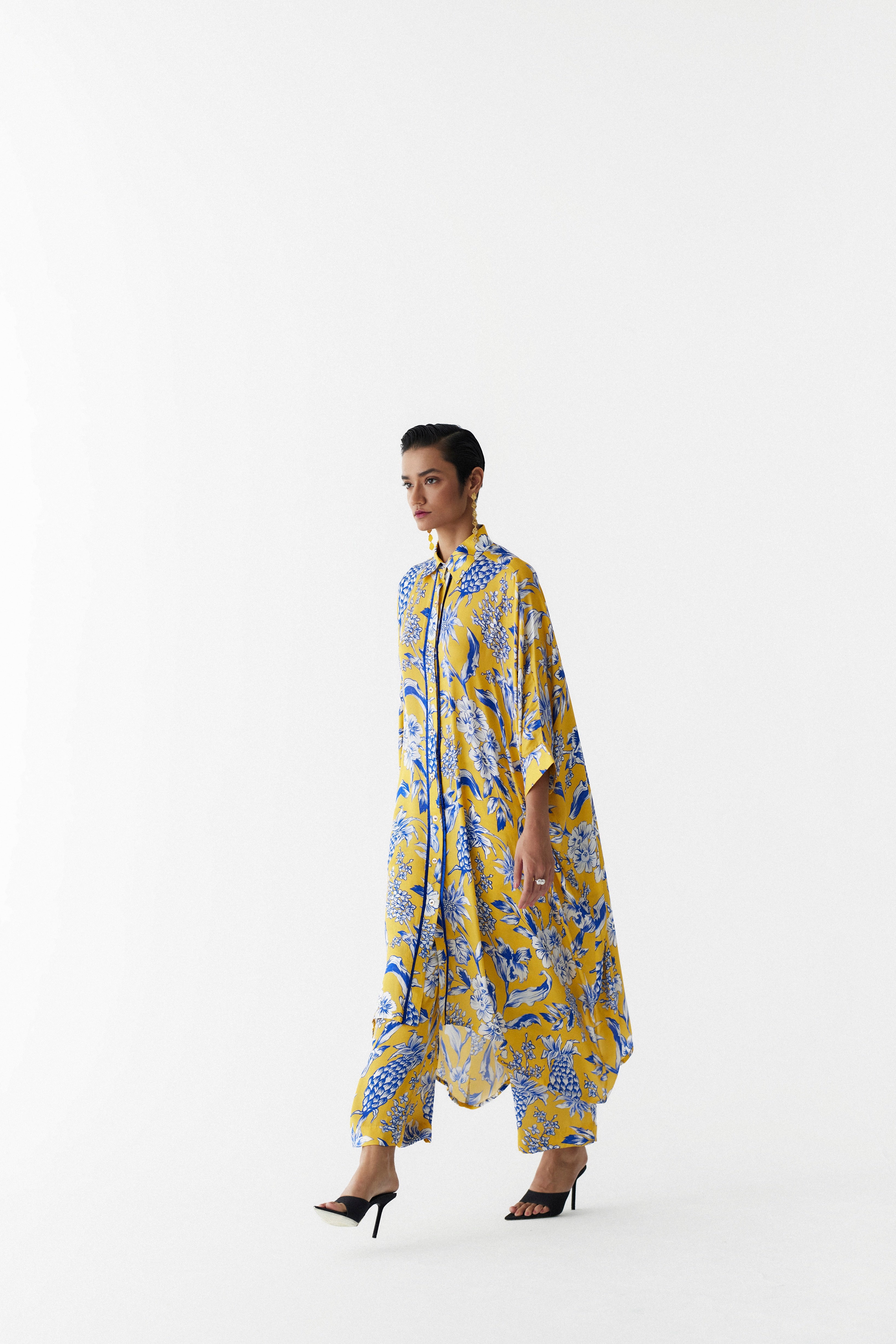 YELLOW PINEAPPLE FRONT BUTTON KIMONO AND PANTS CO-ORD