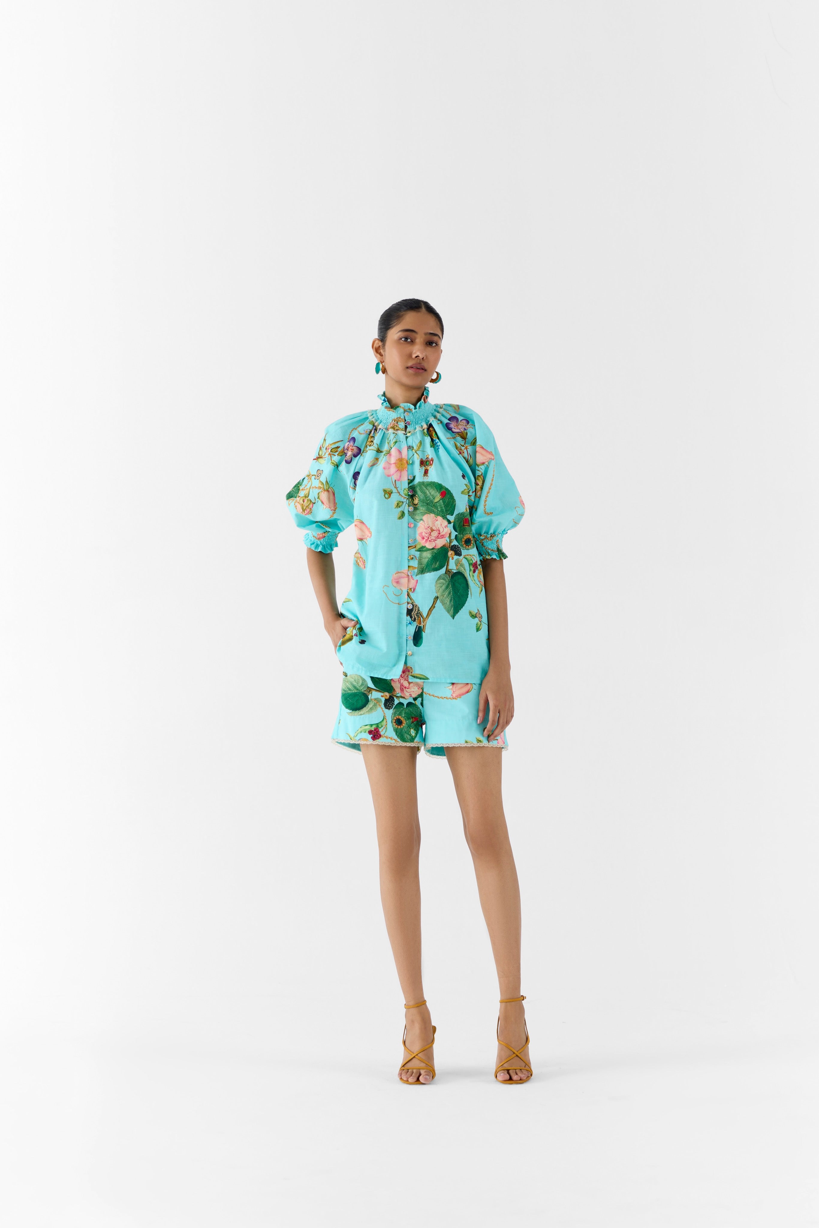 BLUE BLOSSOM RUCHING SHIRT & SHORTS