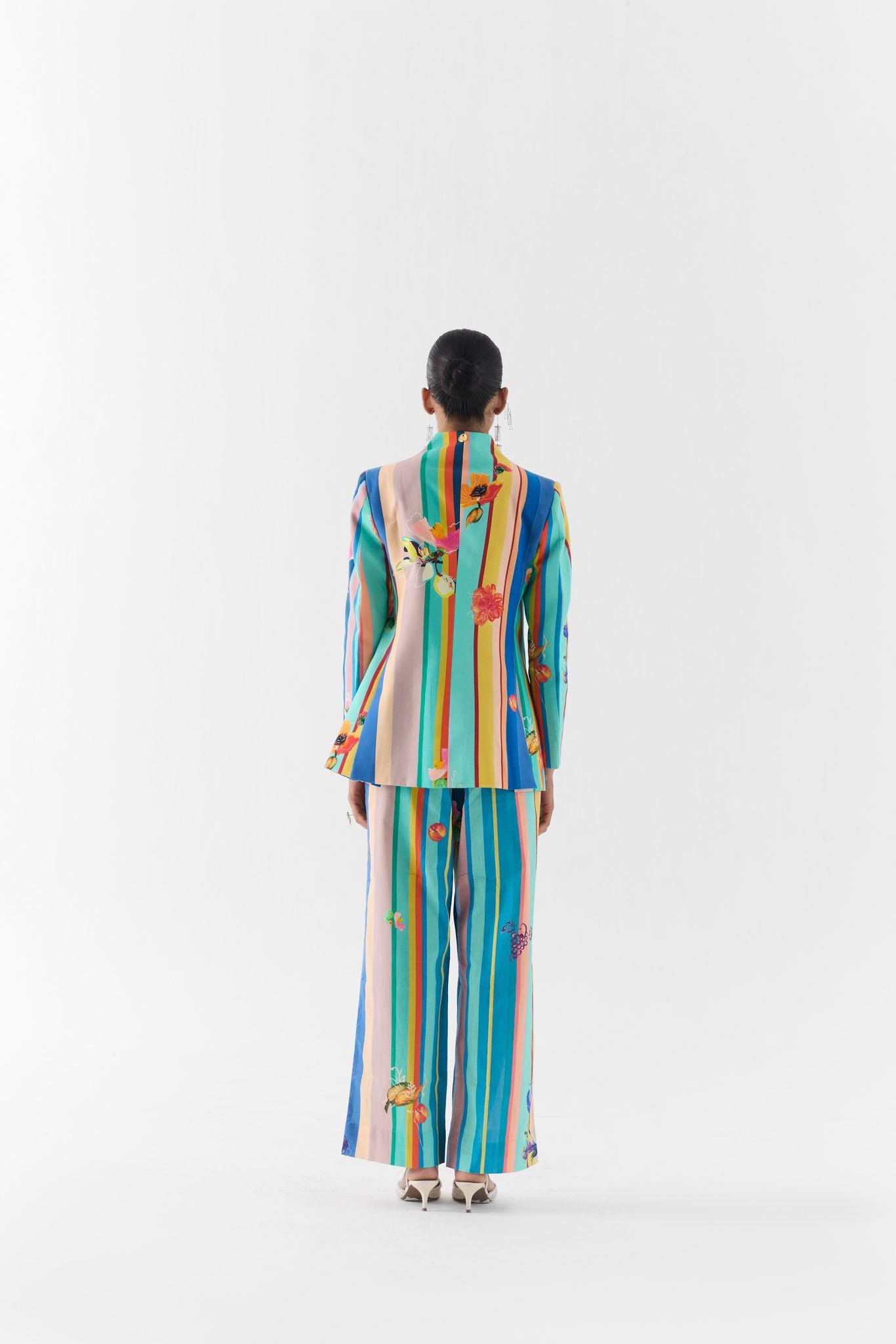 Blue Barcode blazer and pants set, back view showing tailored fit