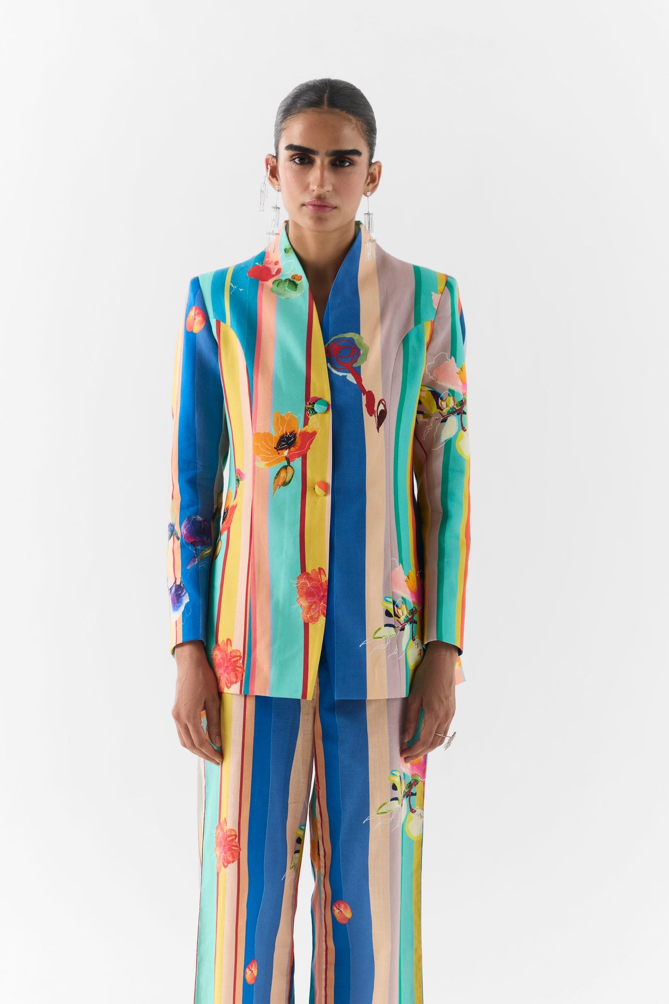 Close-up of Blue Barcode print on cotton blazer and pants co-ord