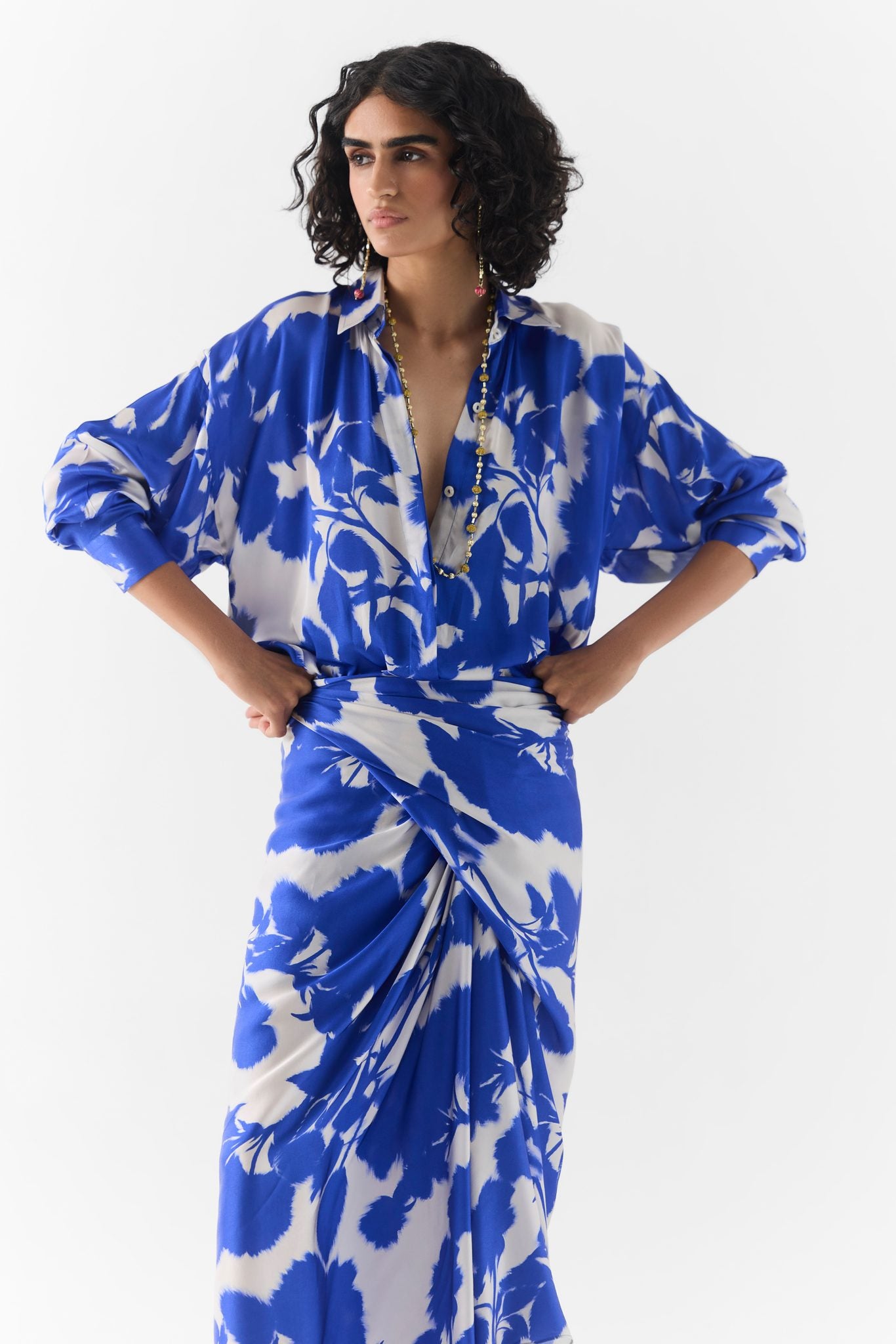 Blue Ink Draped Shirt Dress front view on model, Studiorigu printed shirt dress