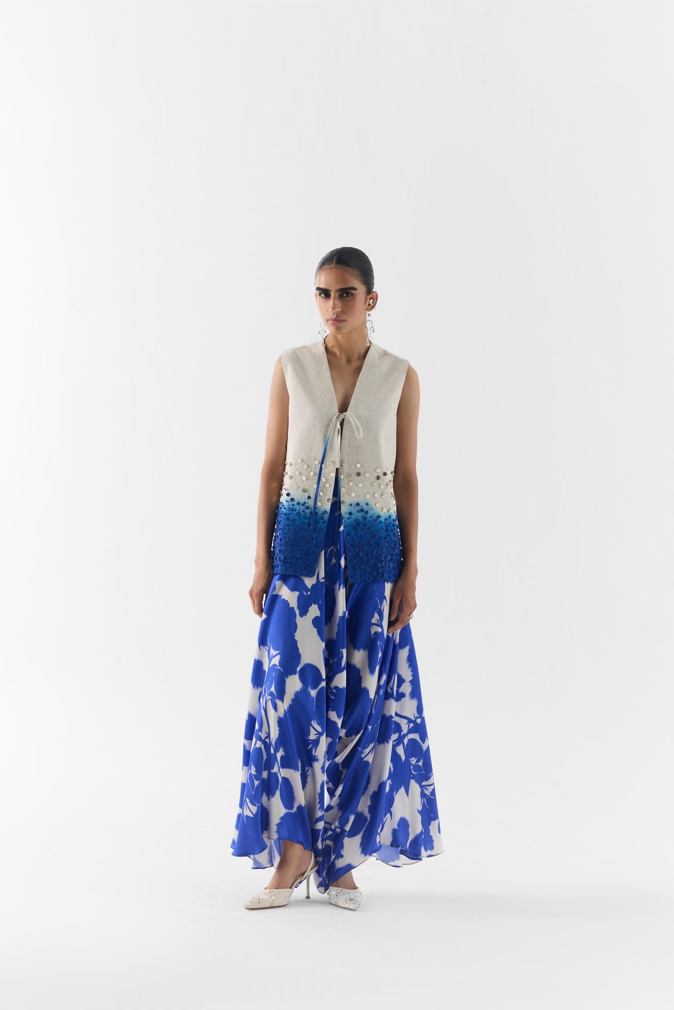 Blue Ink vest and dhoti pants front view on model, Studiorigu printed co-ord