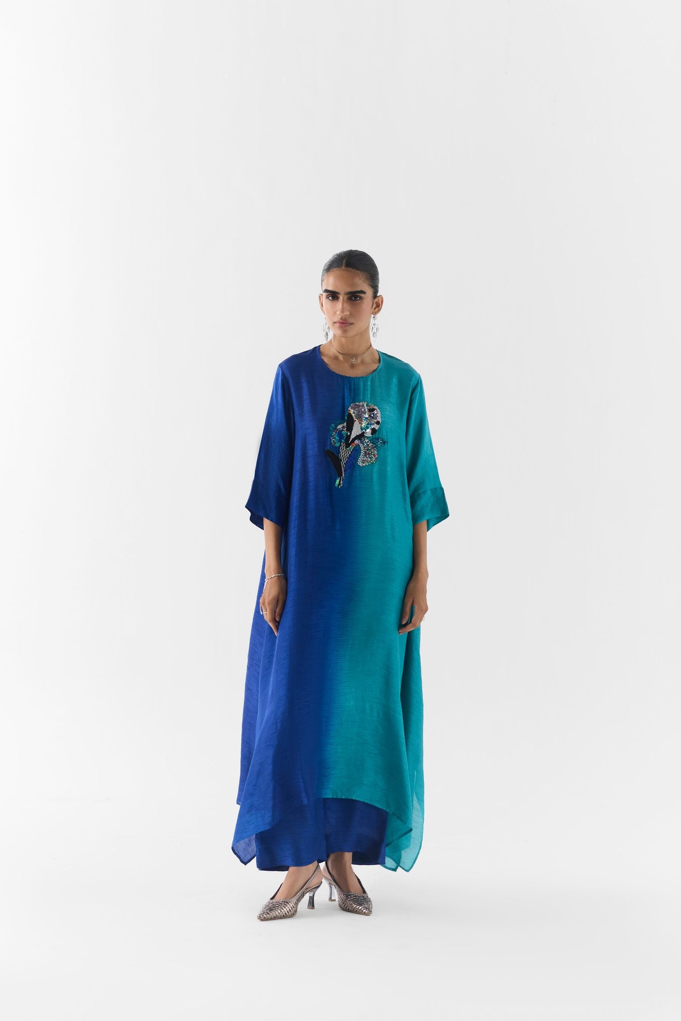Blue Ocean kurta and pants set, front view on model