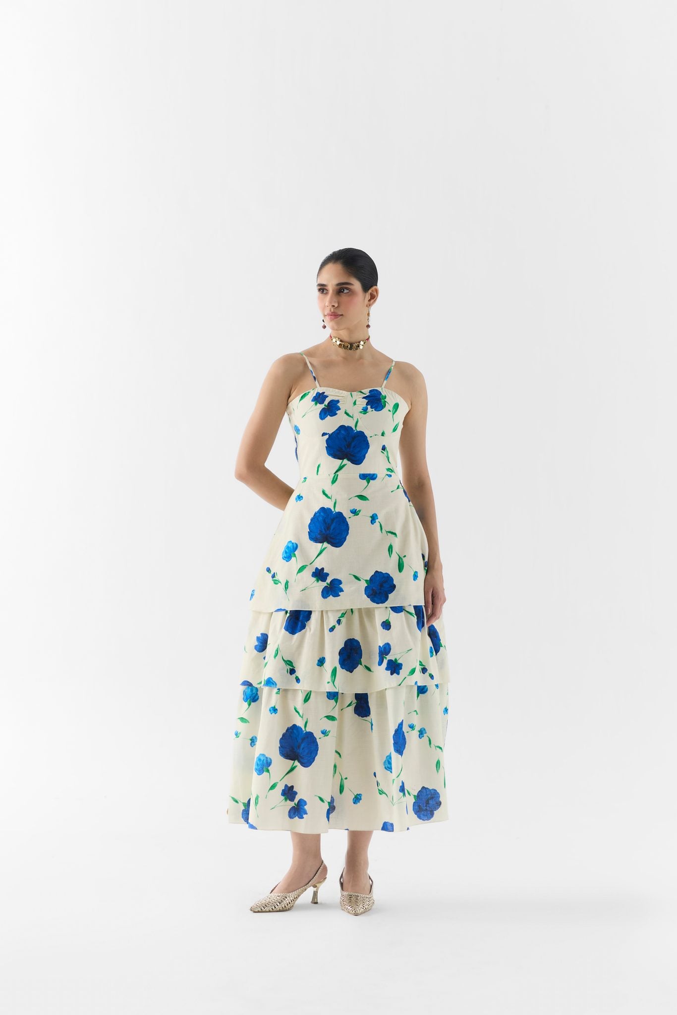 Moss Rose Bustier Dress front view on model in moss floral print
