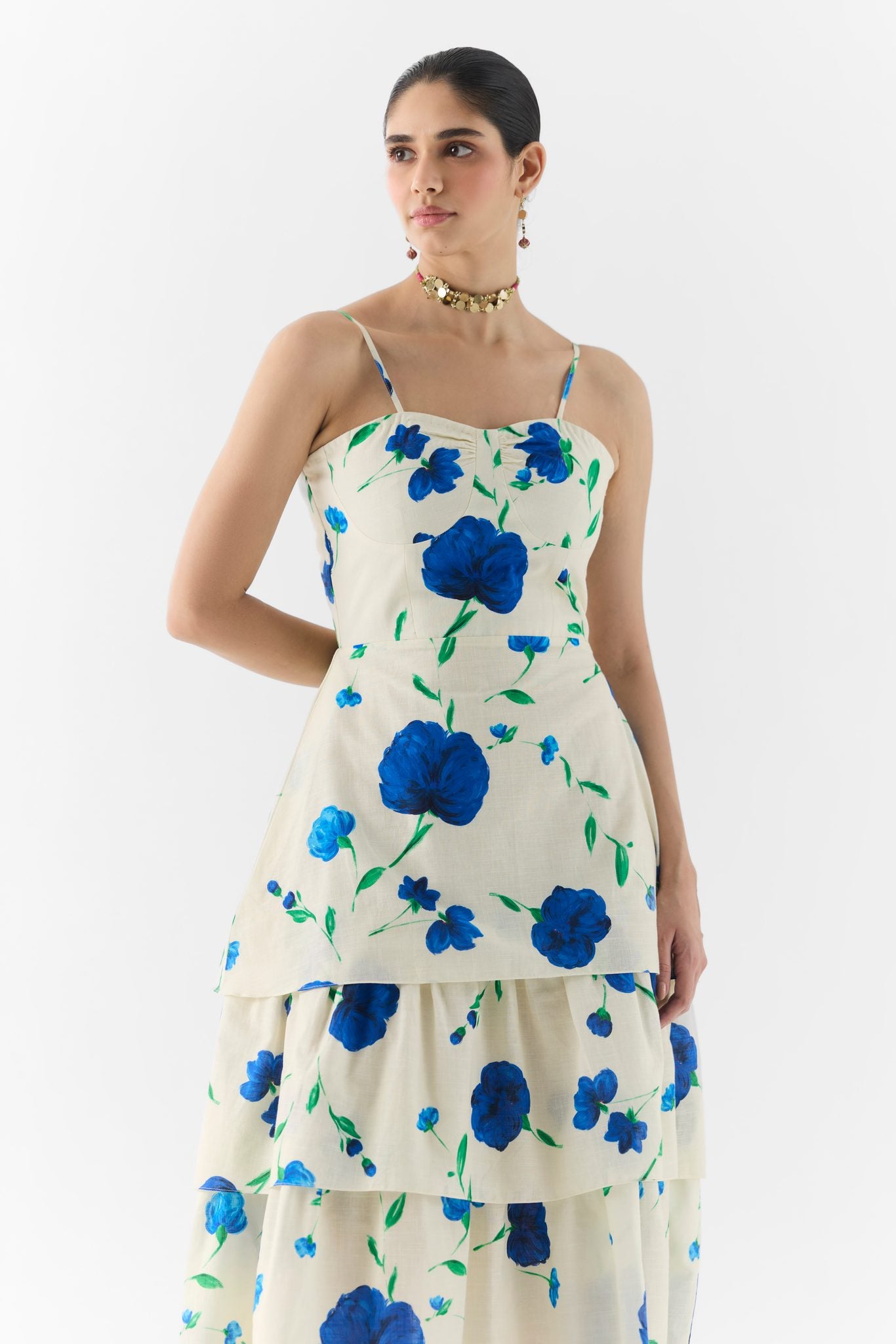 Side view of the Moss Rose bustier dress with structured bodice