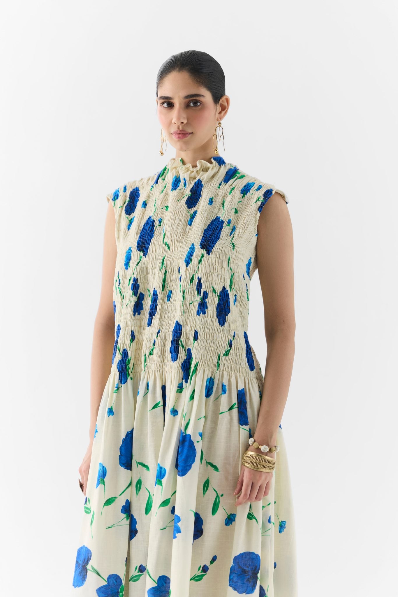Close-up of ruching detail on the Moss Rose printed dress