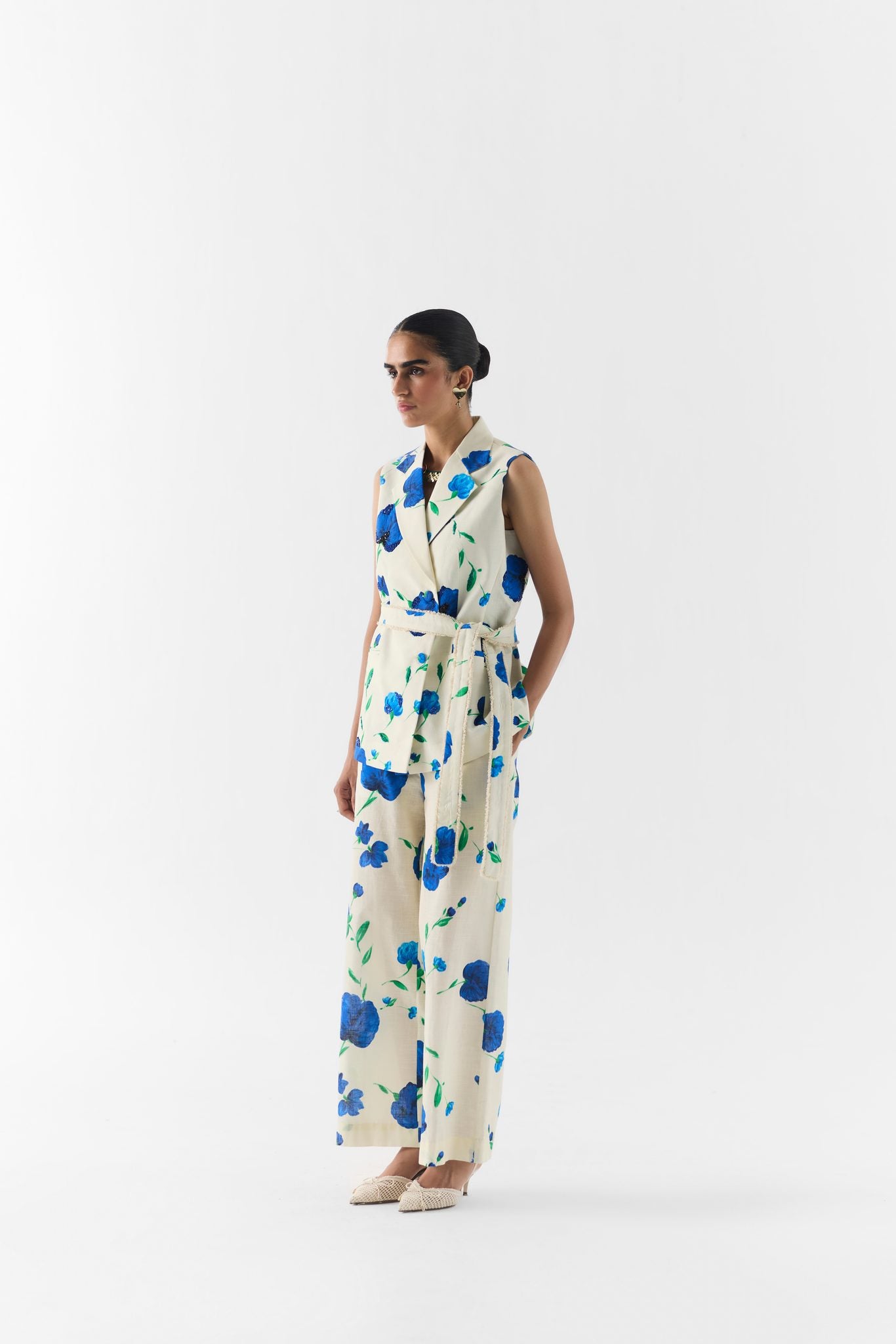 Side profile of the Moss Rose sleeveless blazer co-ord set