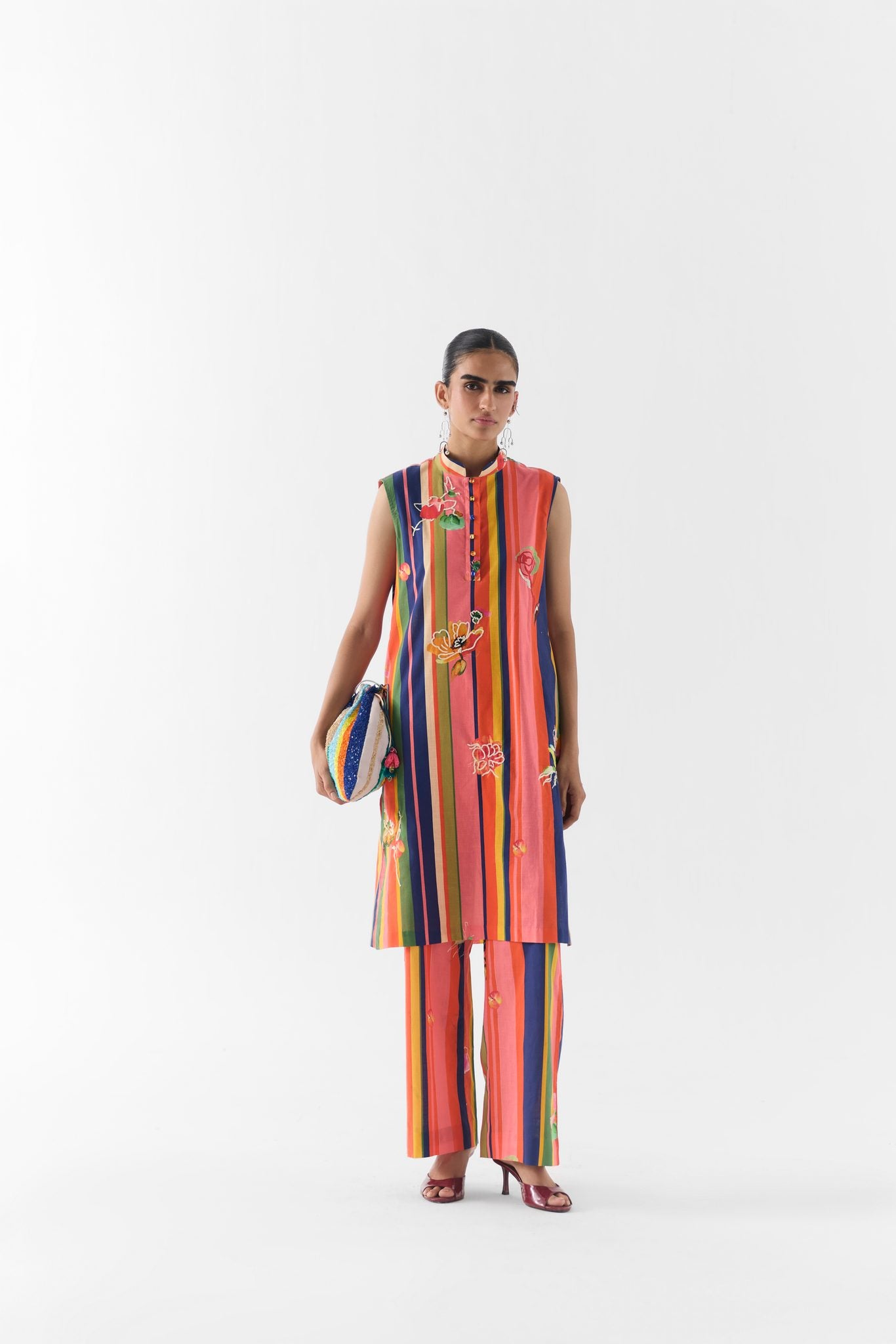 Pink Barcode Kurta & Pants front view on model, Studiorigu printed kurta set
